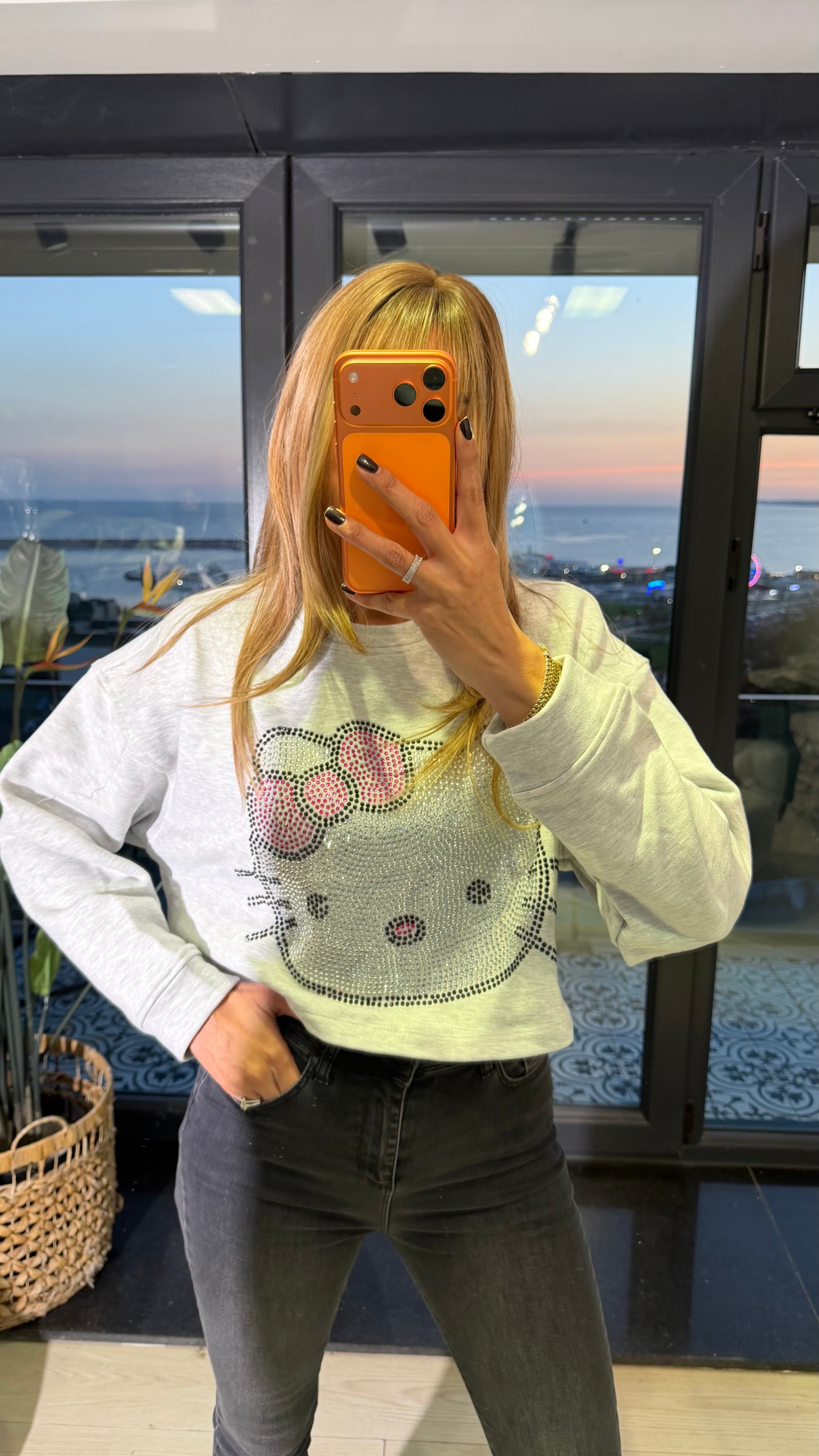 Gri Hello Kitty Taş Detaylı Sweatshirt