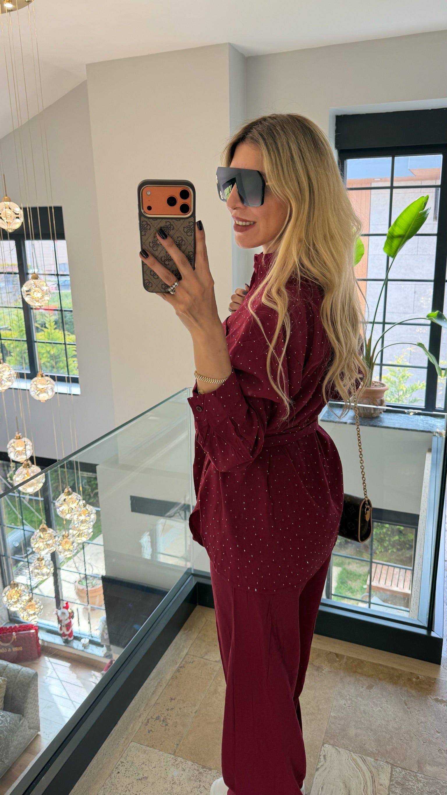 Diamond Taşlı İkili Takım Bordo