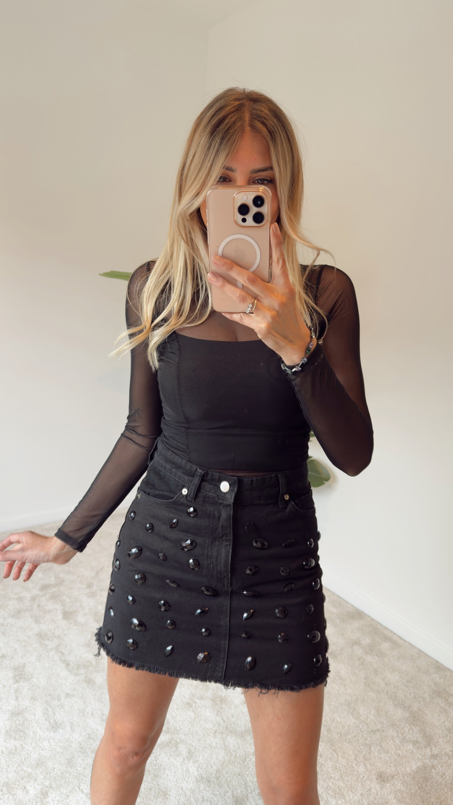 Siyah Taşlı Denim Etek