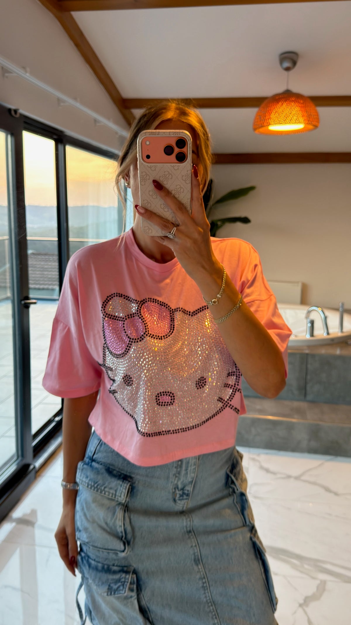 Pink Shine Taşlı Crop Tişört