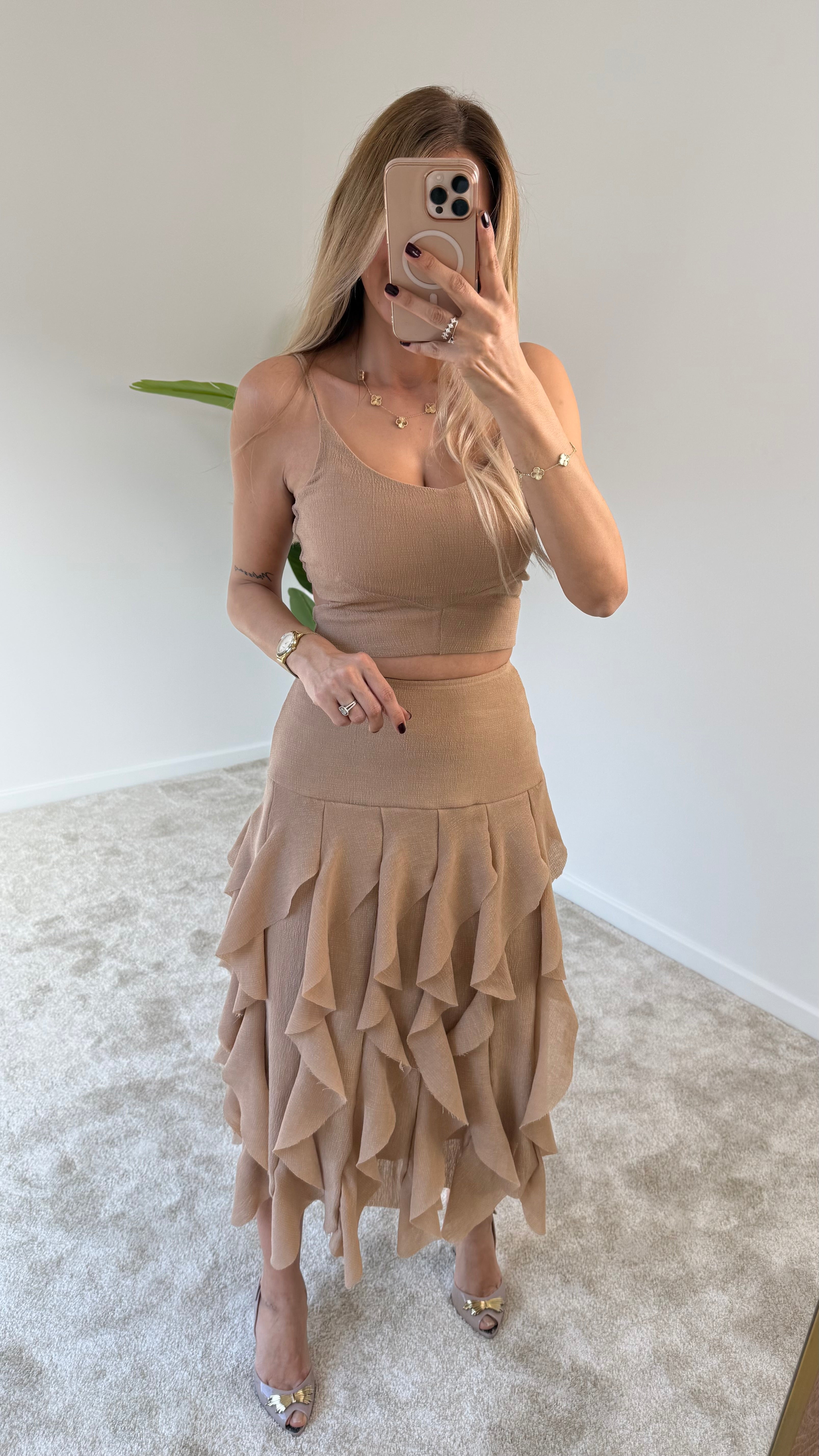 Laide Crop Bluz Fırfırlı Etek Takım