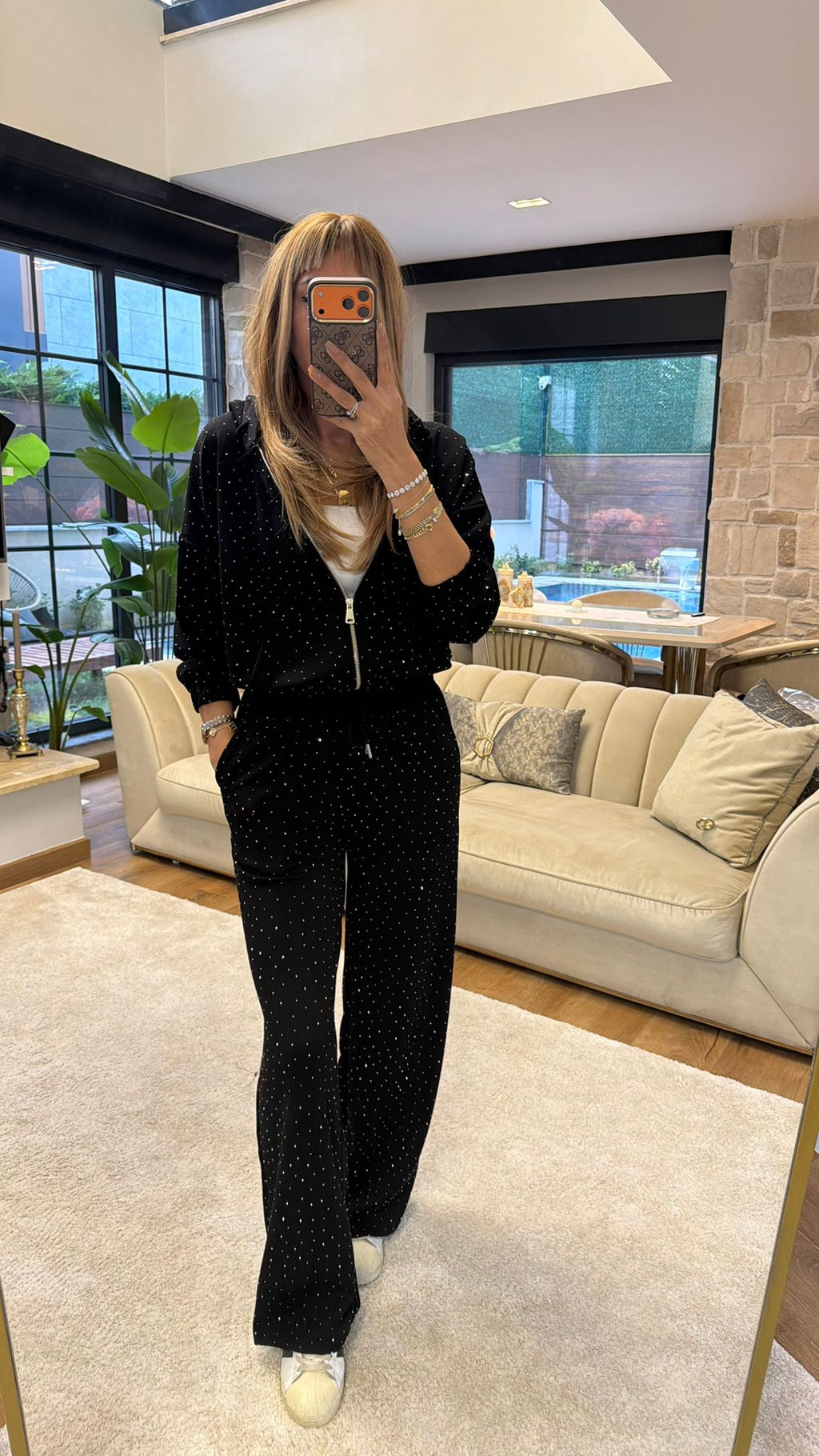 Fermuarlı Kapüşonlu Taşlı İkili Takım Siyah