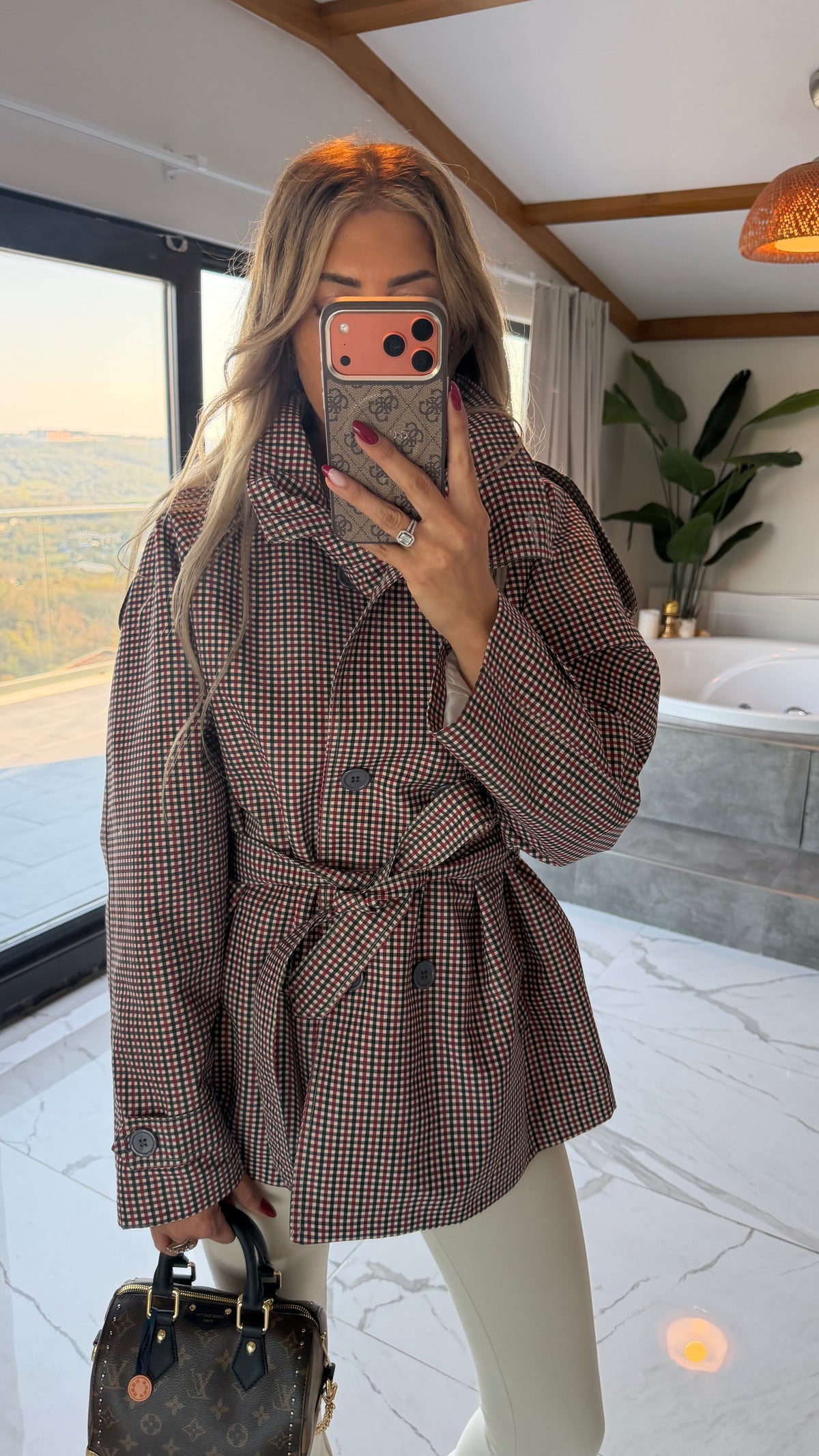 Bordo  Ekose Desenli Kemerli Blazer Ceket