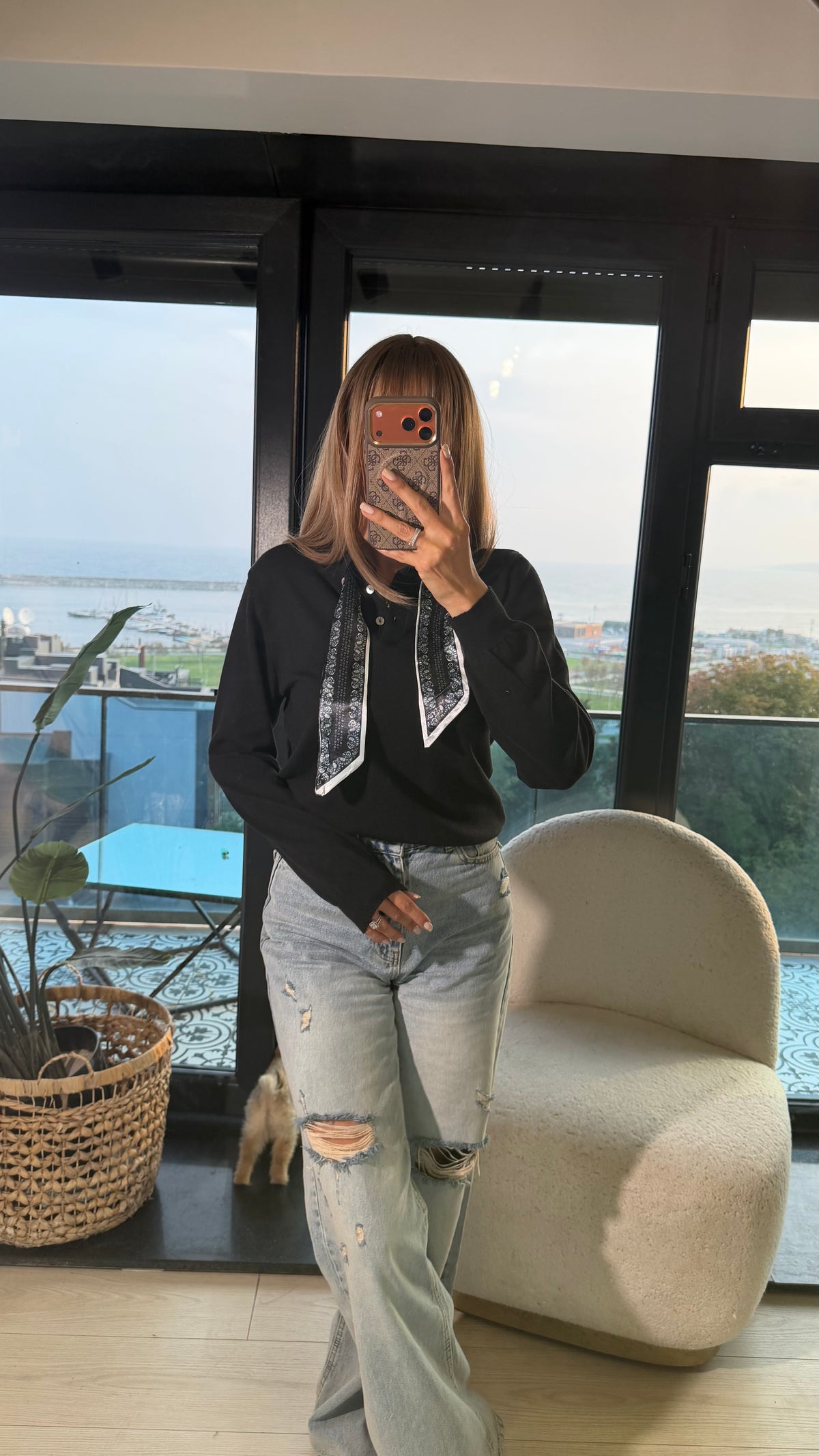 Polo Yaka Fularlı İnce Triko siyah