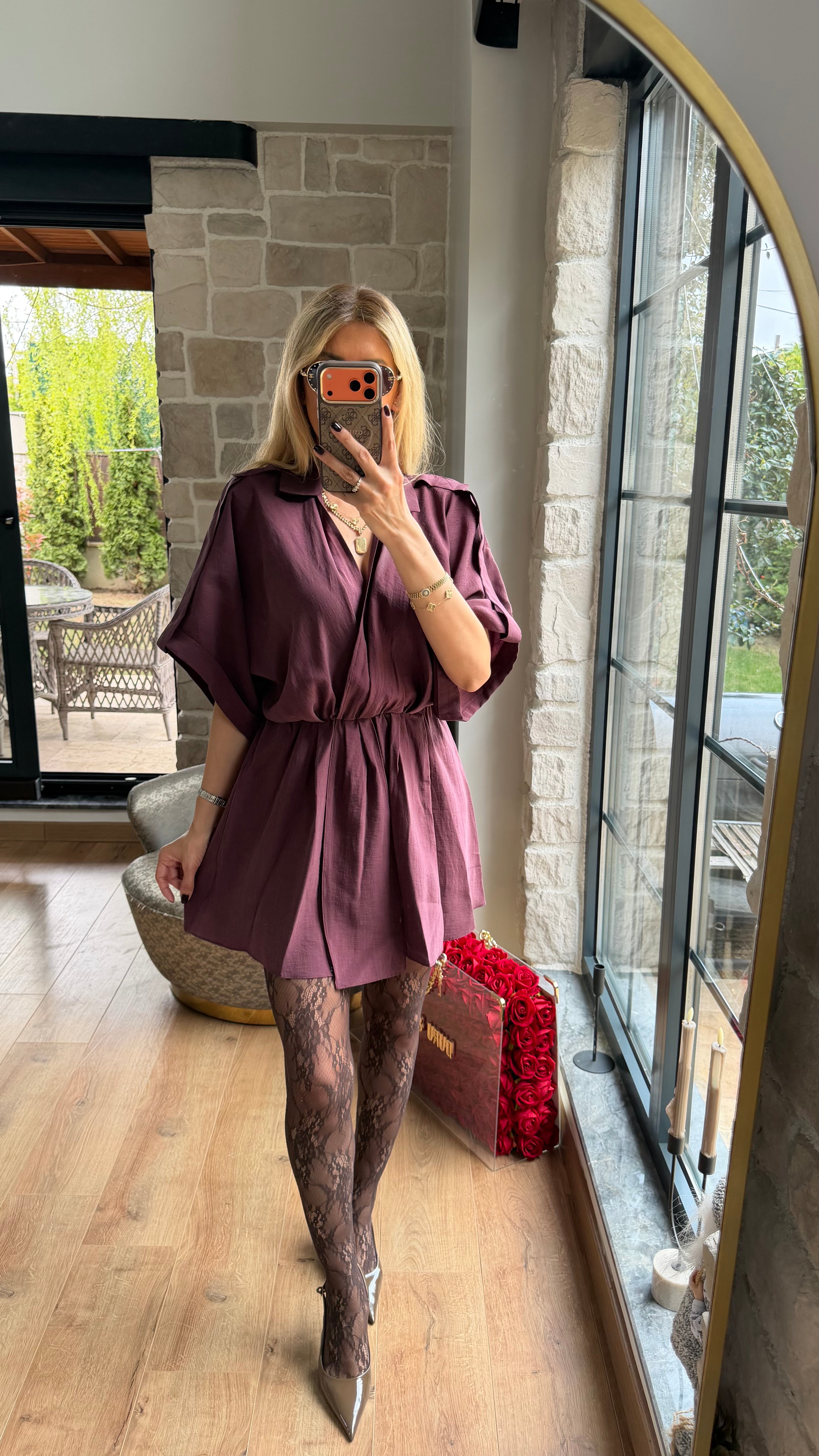 Modal V Yaka Belden Büzgülü Salaş Kesim Mini Elbise Mürdüm