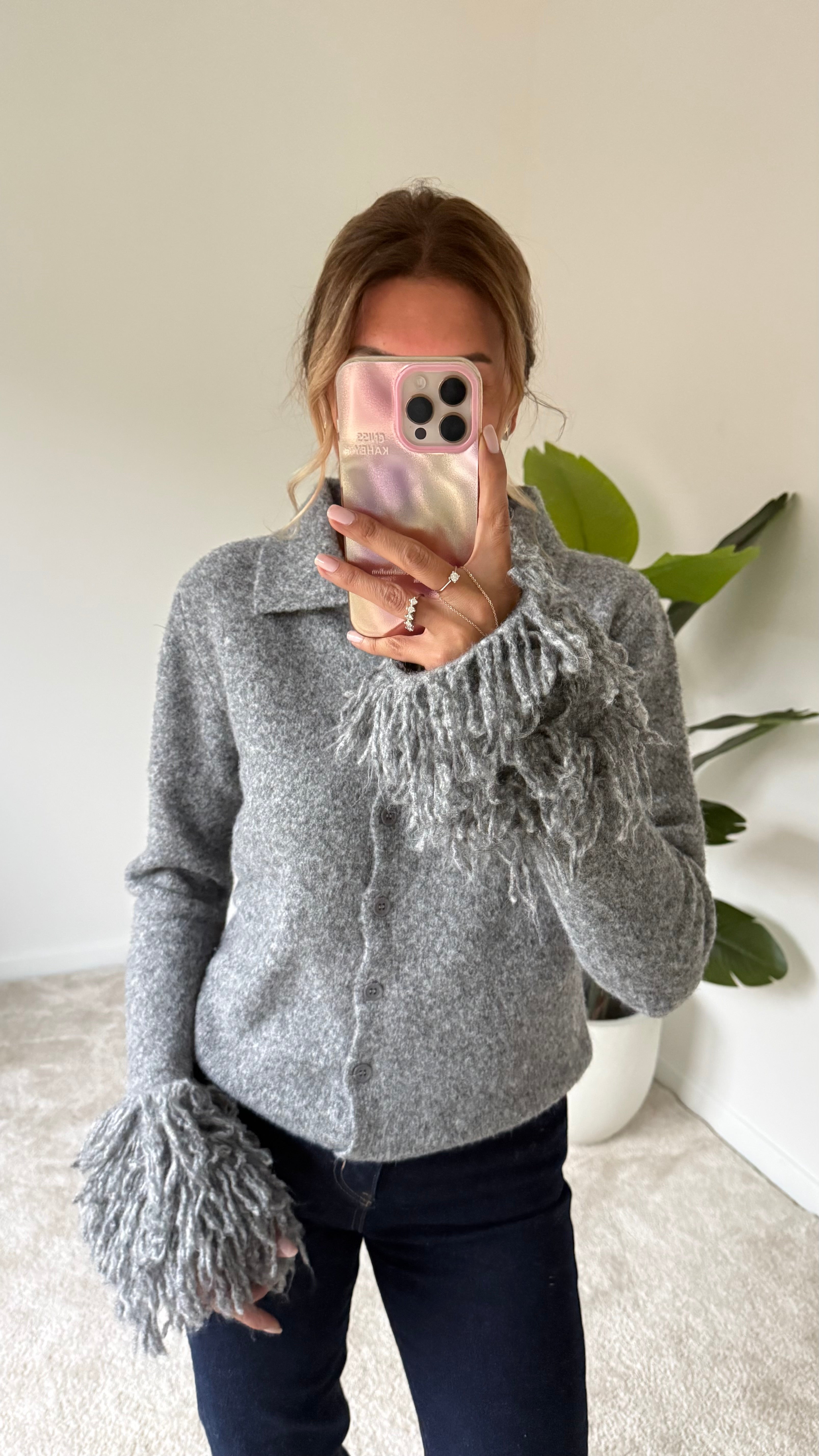 Polo Yaka Kolları Püsküllü Hırka Gri