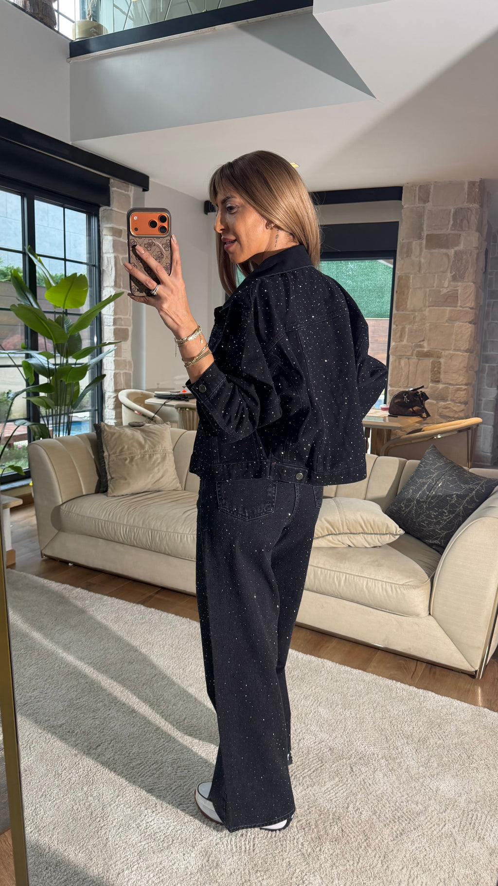 Cool Siyah Taş Detaylı Kot Ceket