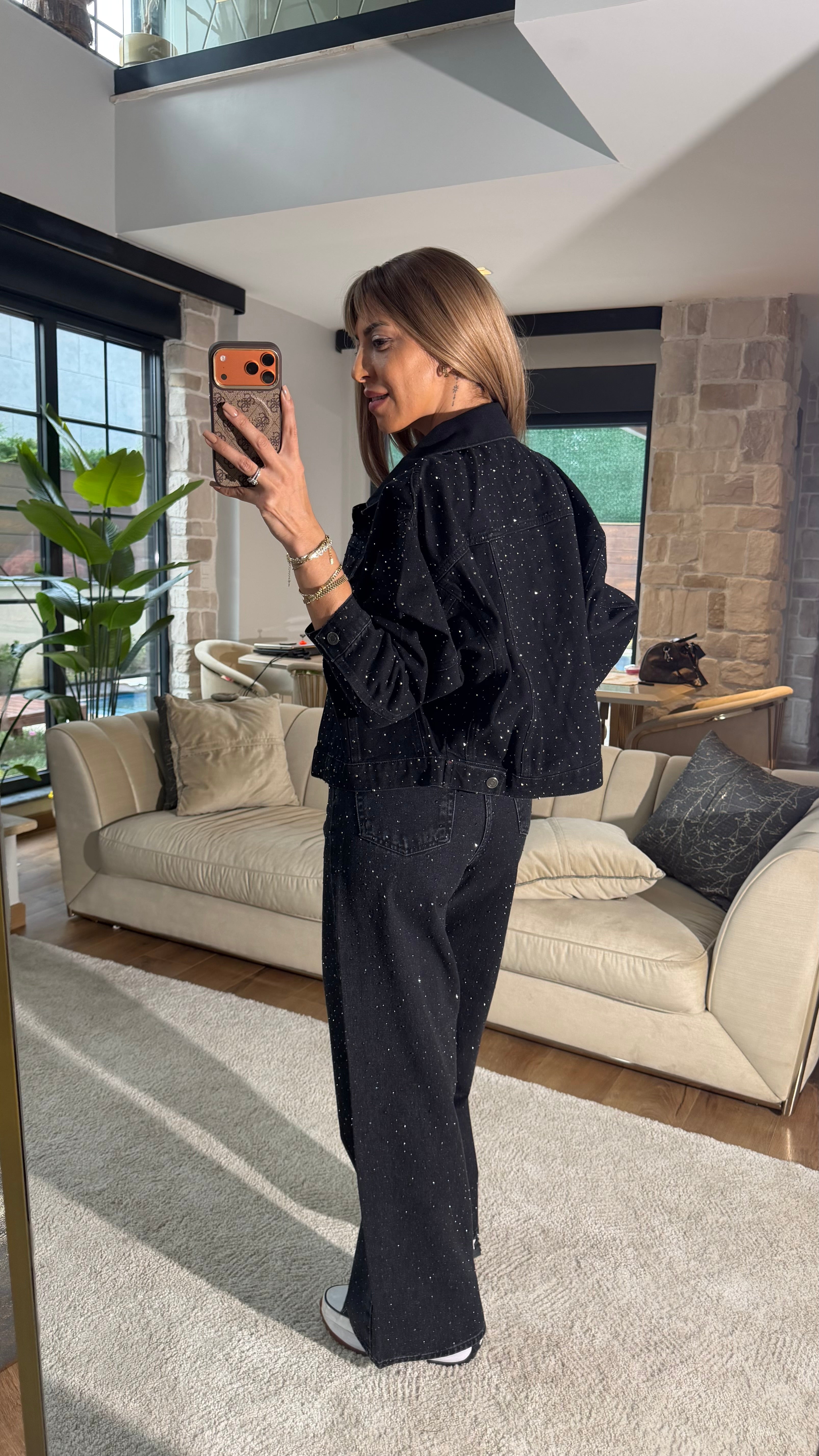 Cool Siyah Taş Detaylı Kot Ceket