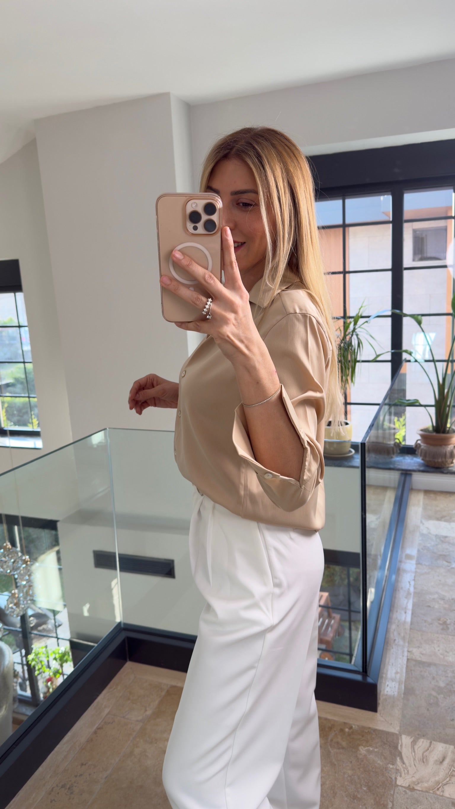 Stery Saten Gömlek Bej