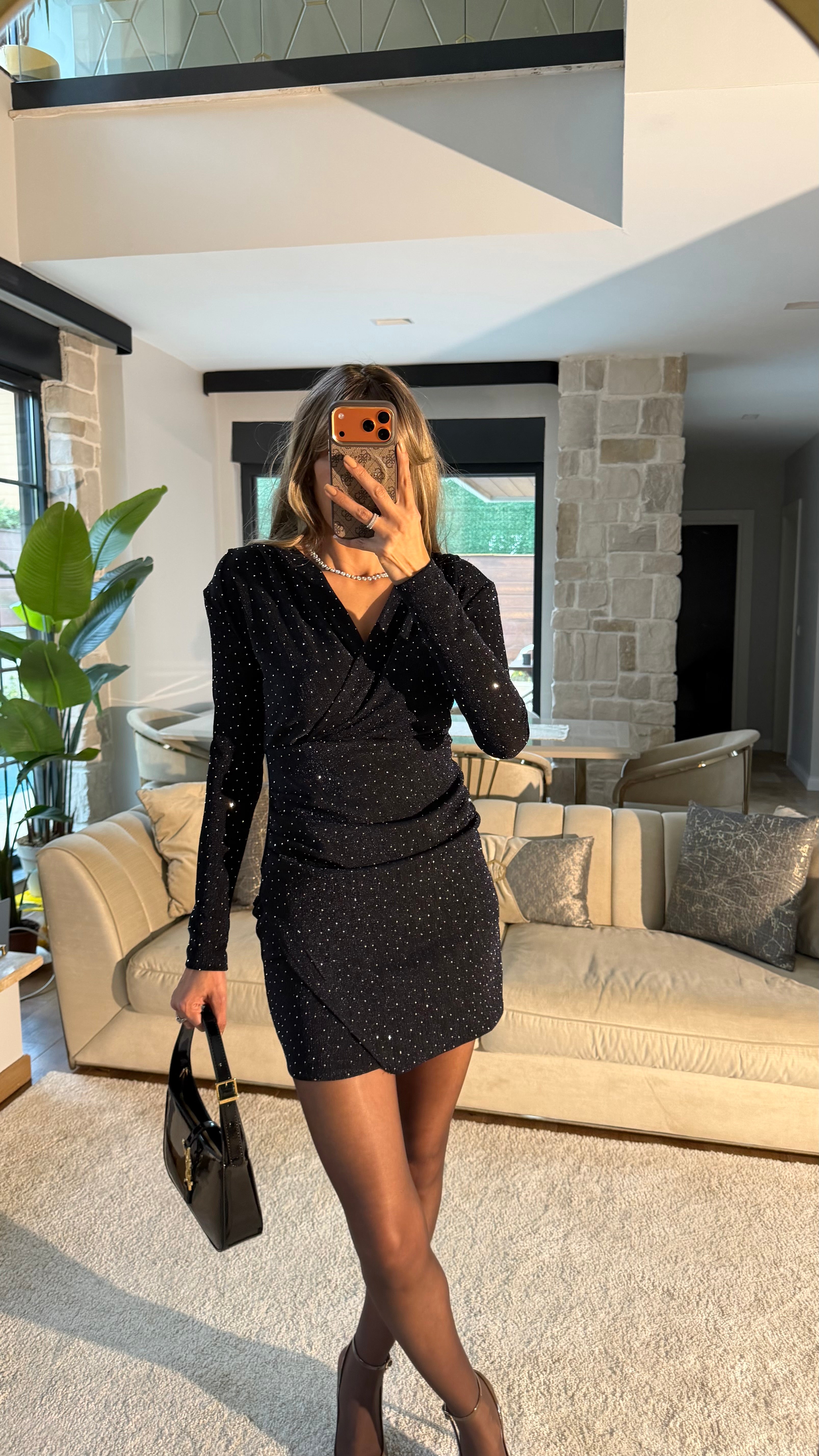 Kruvaze Vatkalı Taşlı Elbise Koyu Lacivert