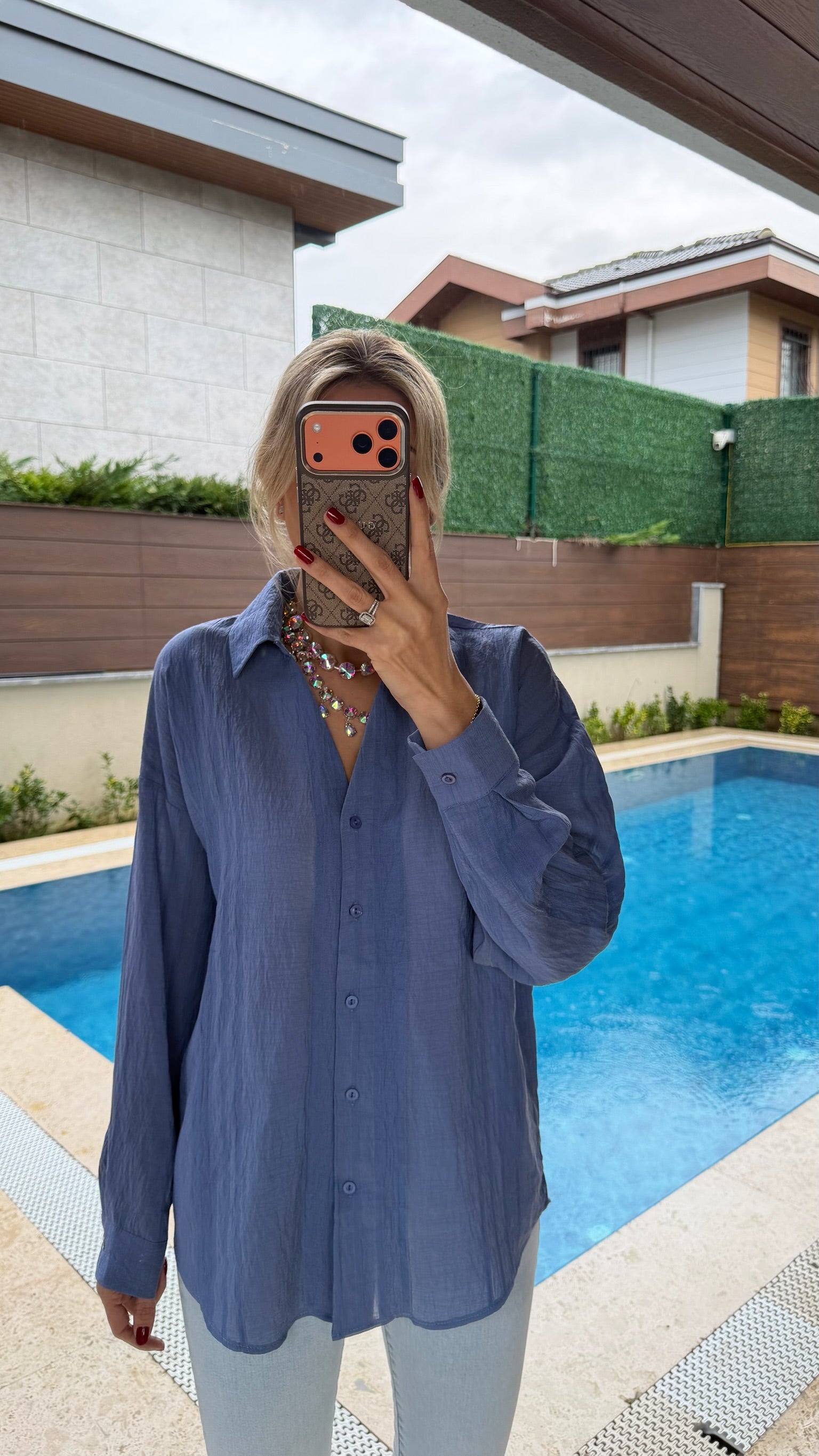 Kendinden Desenli Transparan Gömlek Mavi