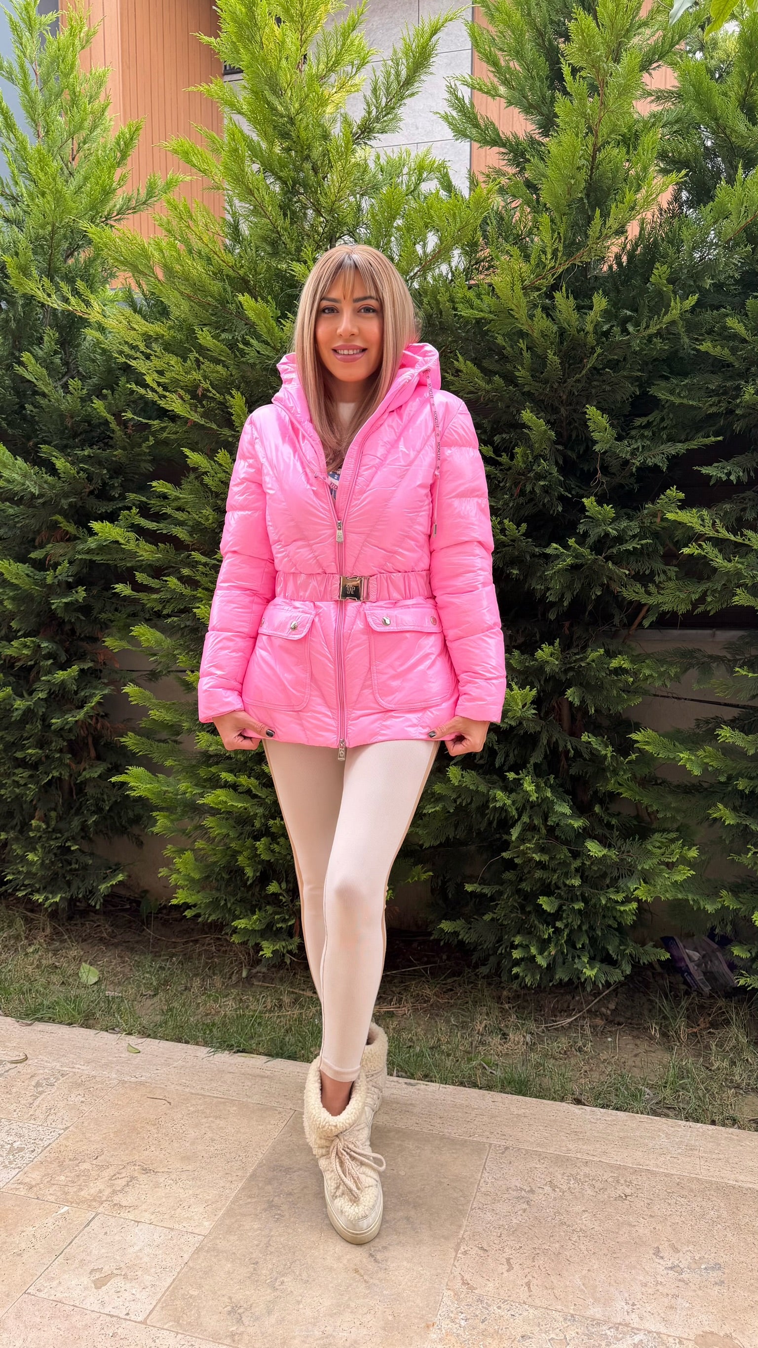 Luxe Kemerli İthal Kaz Tüyü Mont Şeker Pembesi