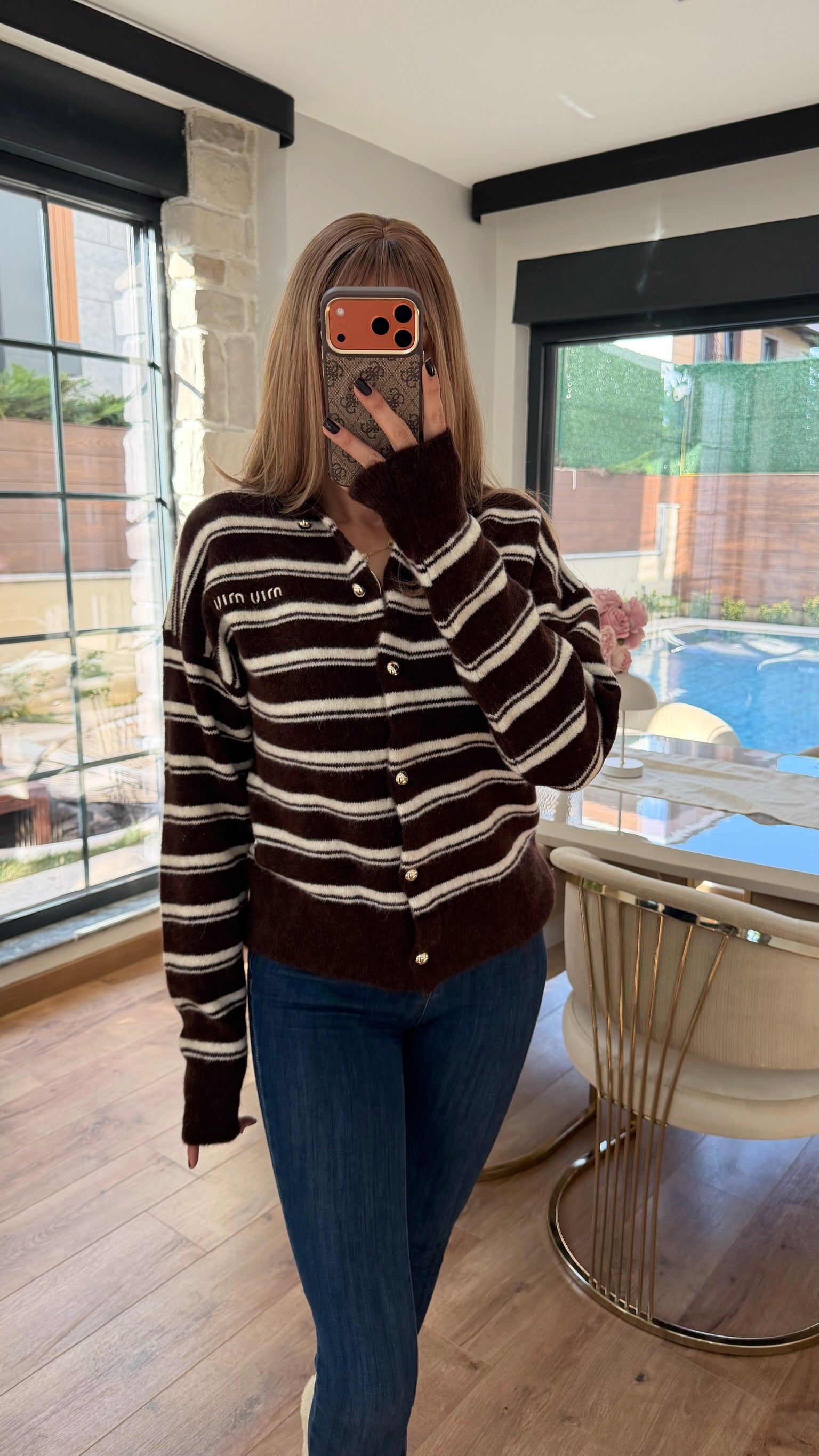 MM Yumoş Gold Düğmeli Şeritli Hırka Kahve