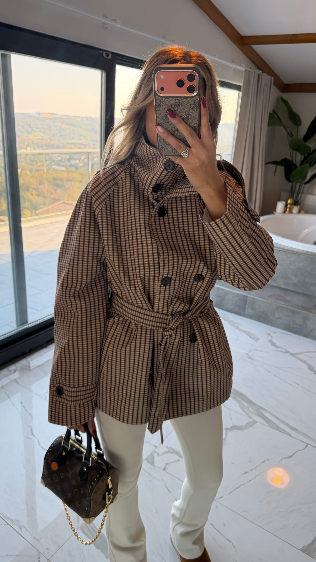 Kahverengi Ekose Desenli Kemerli Blazer Ceket