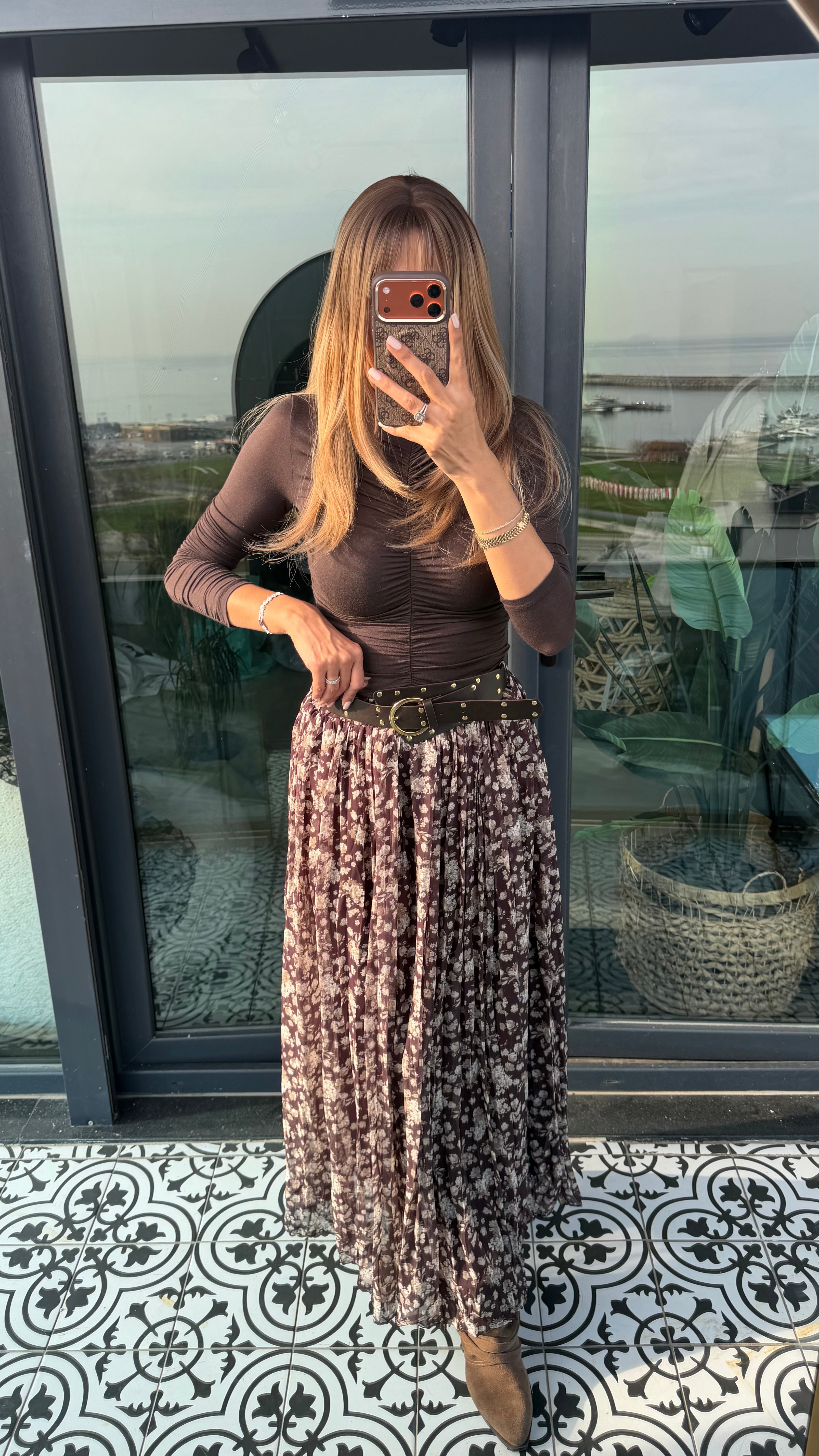 Kemerli Çıtır Desen  Kahve Uzun Etek