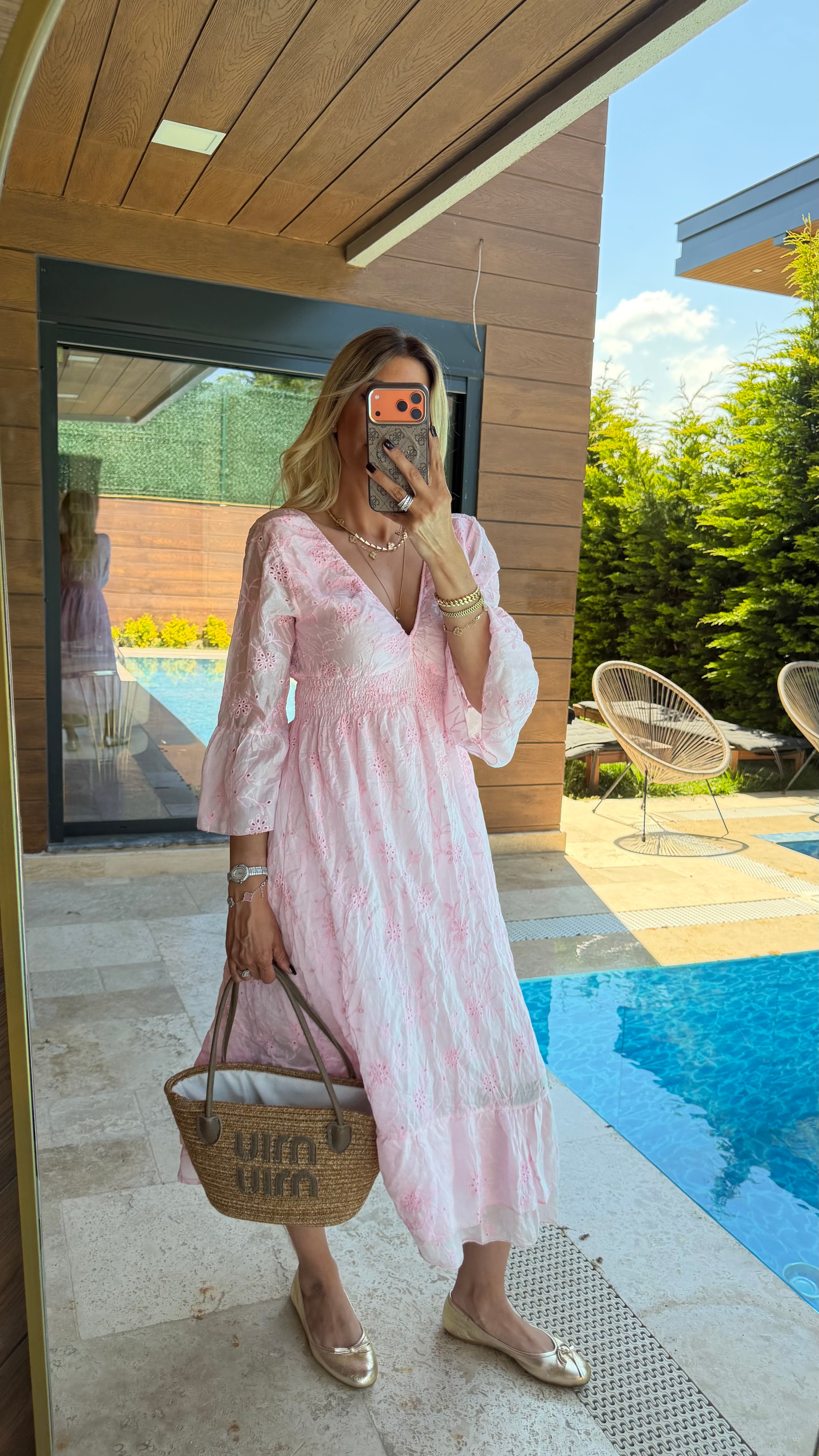 Marry V Yaka Beli Büzgülü Kiloş Elbise Pembe