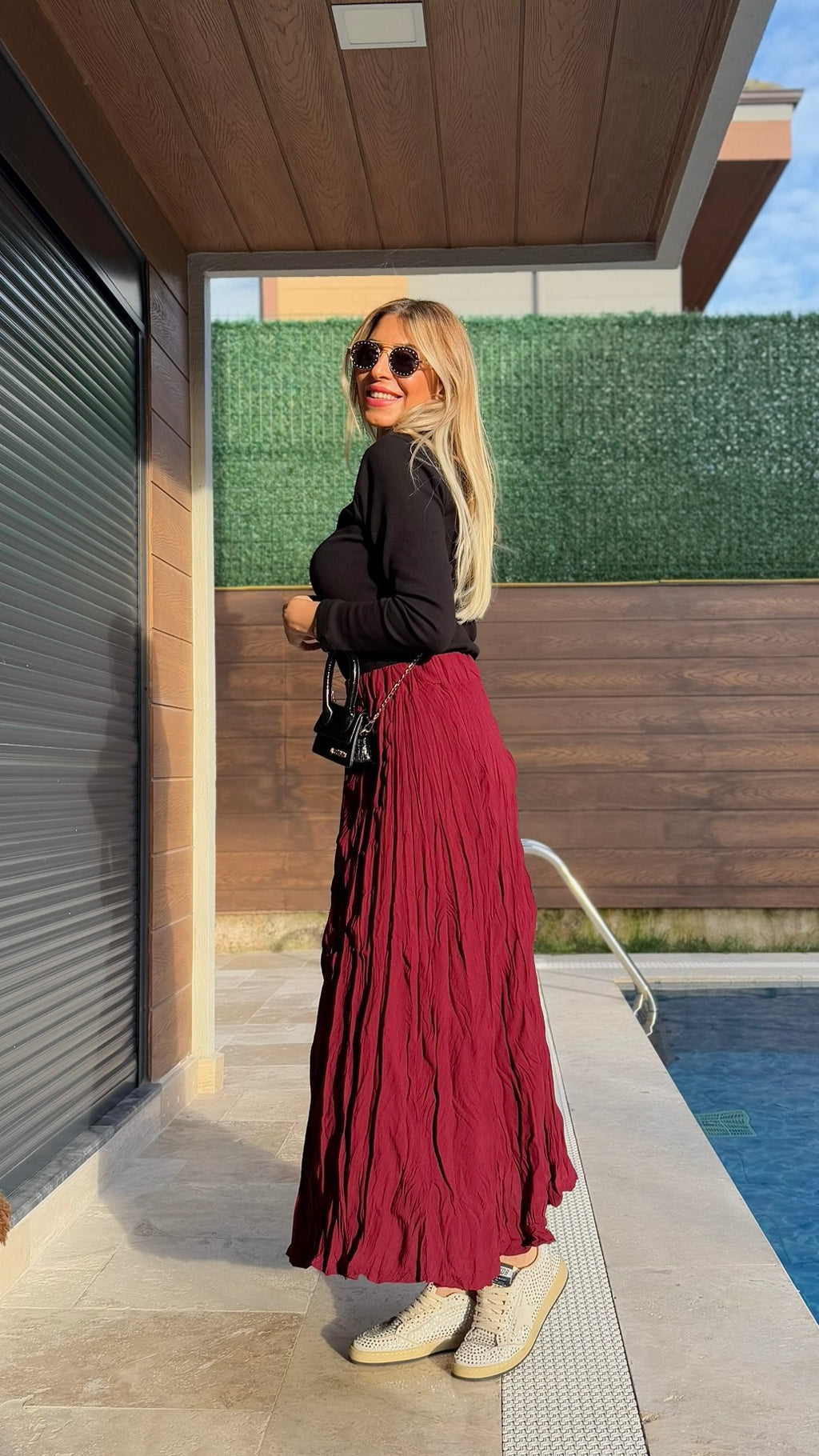 Crush Kırışık Etek Bordo