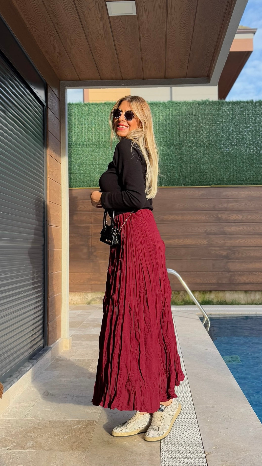 Crush Kırışık Etek Bordo