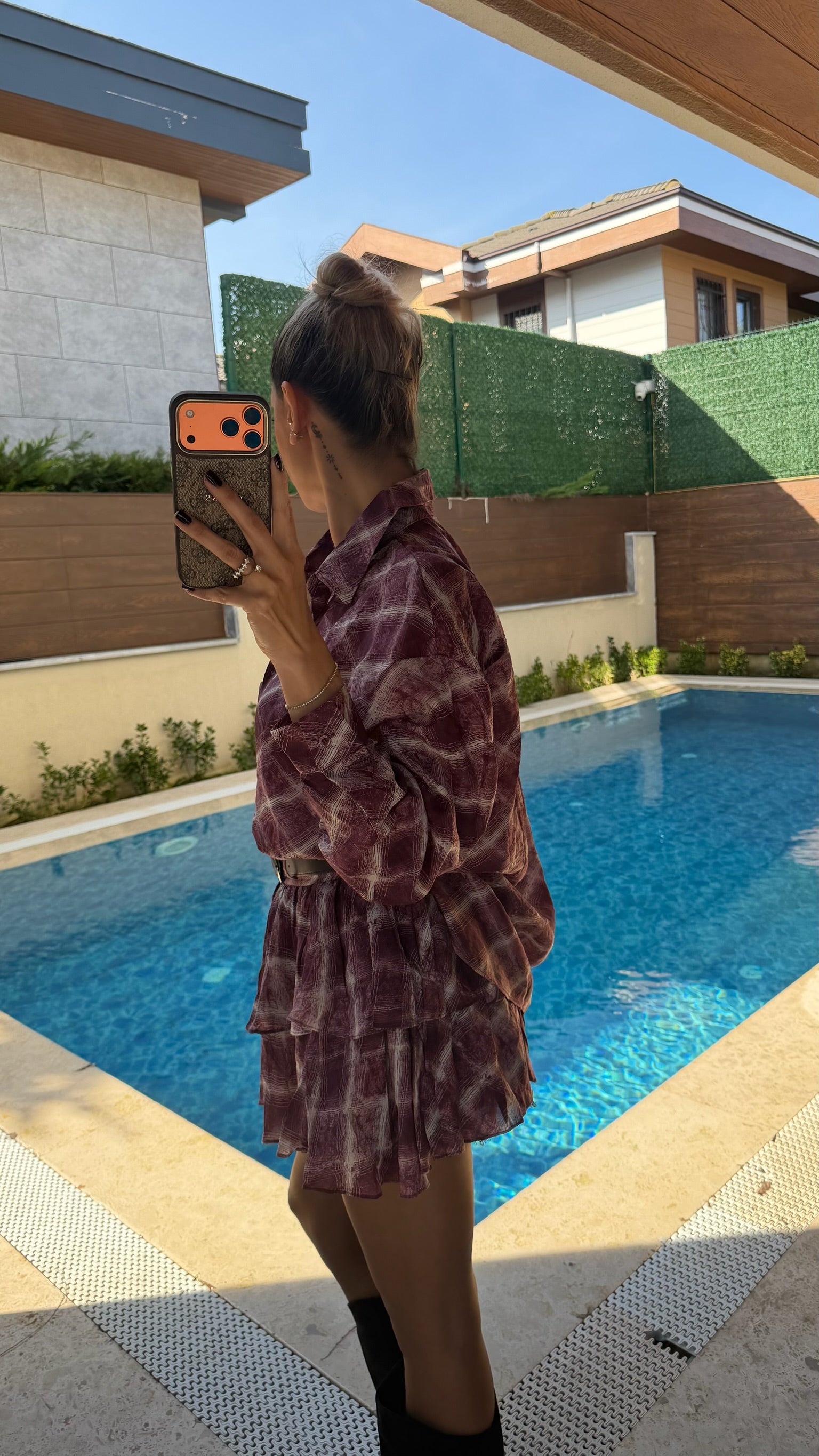 Ekose Desenli Kemerli Gömlek Etek Takım Bordo