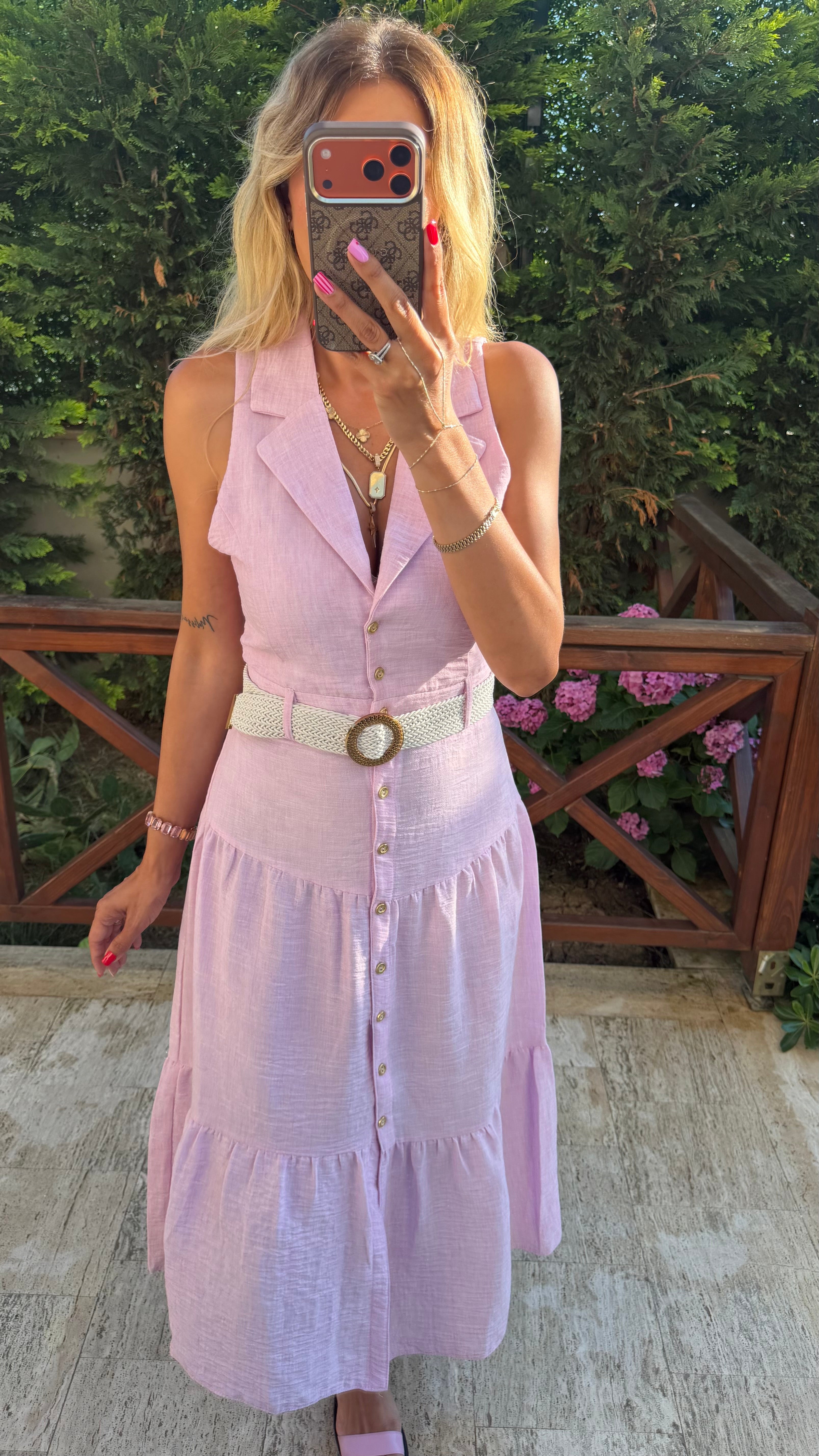 Pembe Kemer Detaylı Keten Midi Elbise