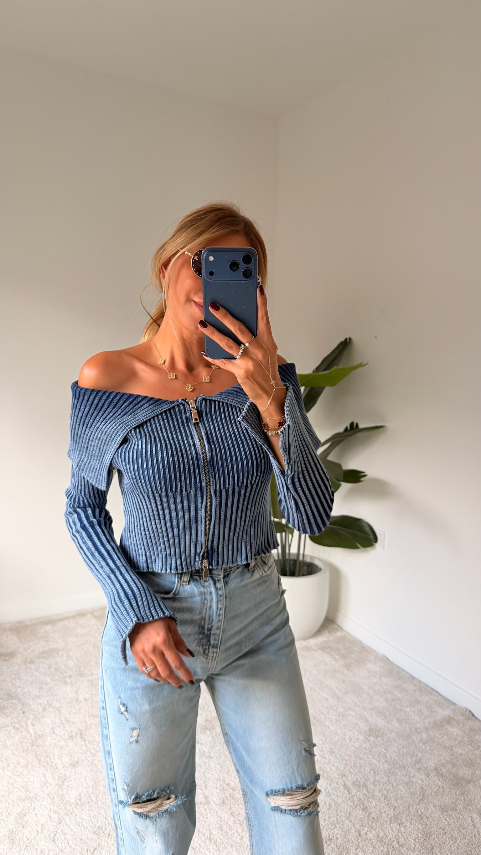 DİLVİN TRİKO Fermuar Detaylı Bluz Mavi