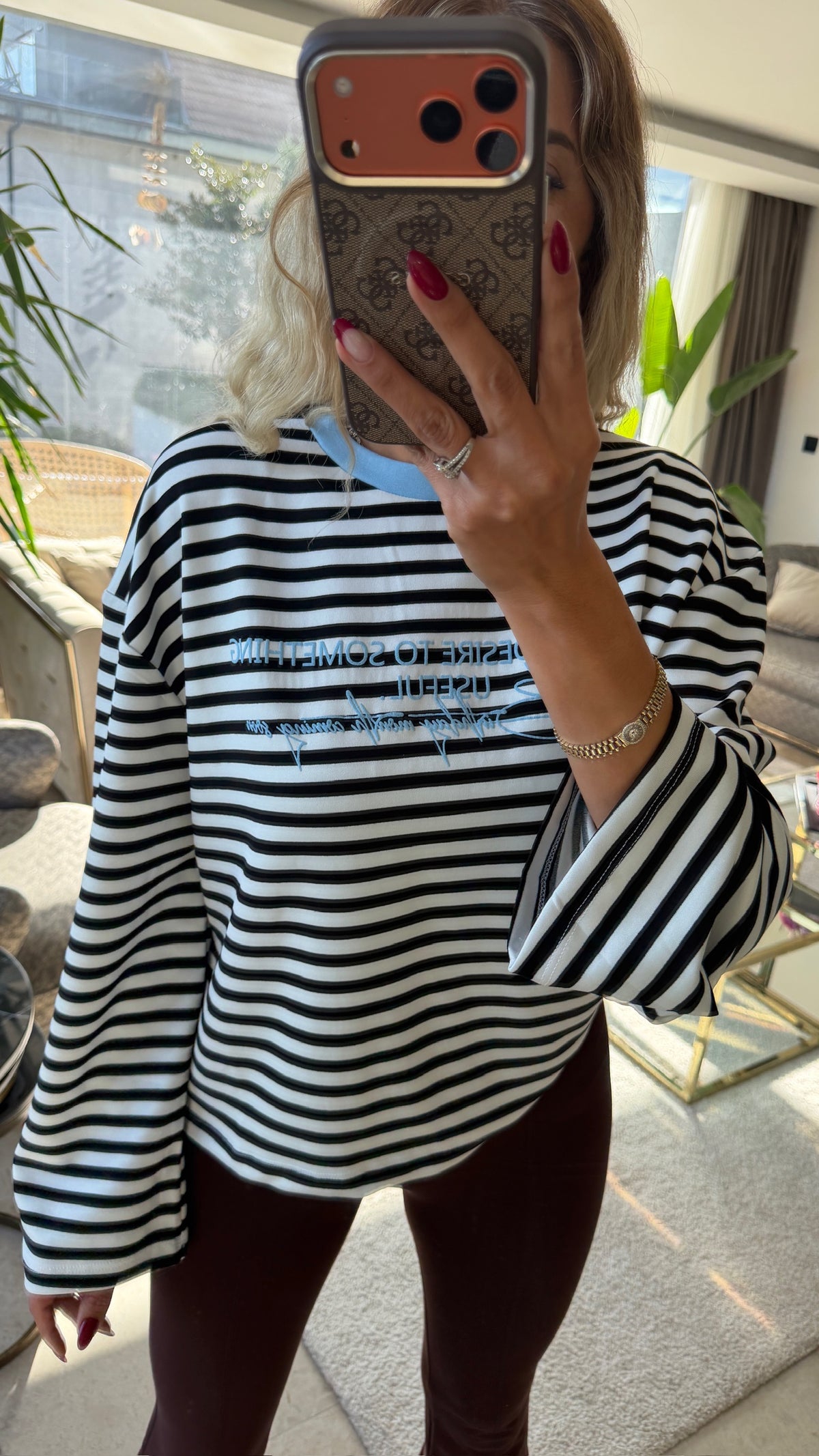 Mimoza Çizgili Yazı Detaylı Mavi Sweat