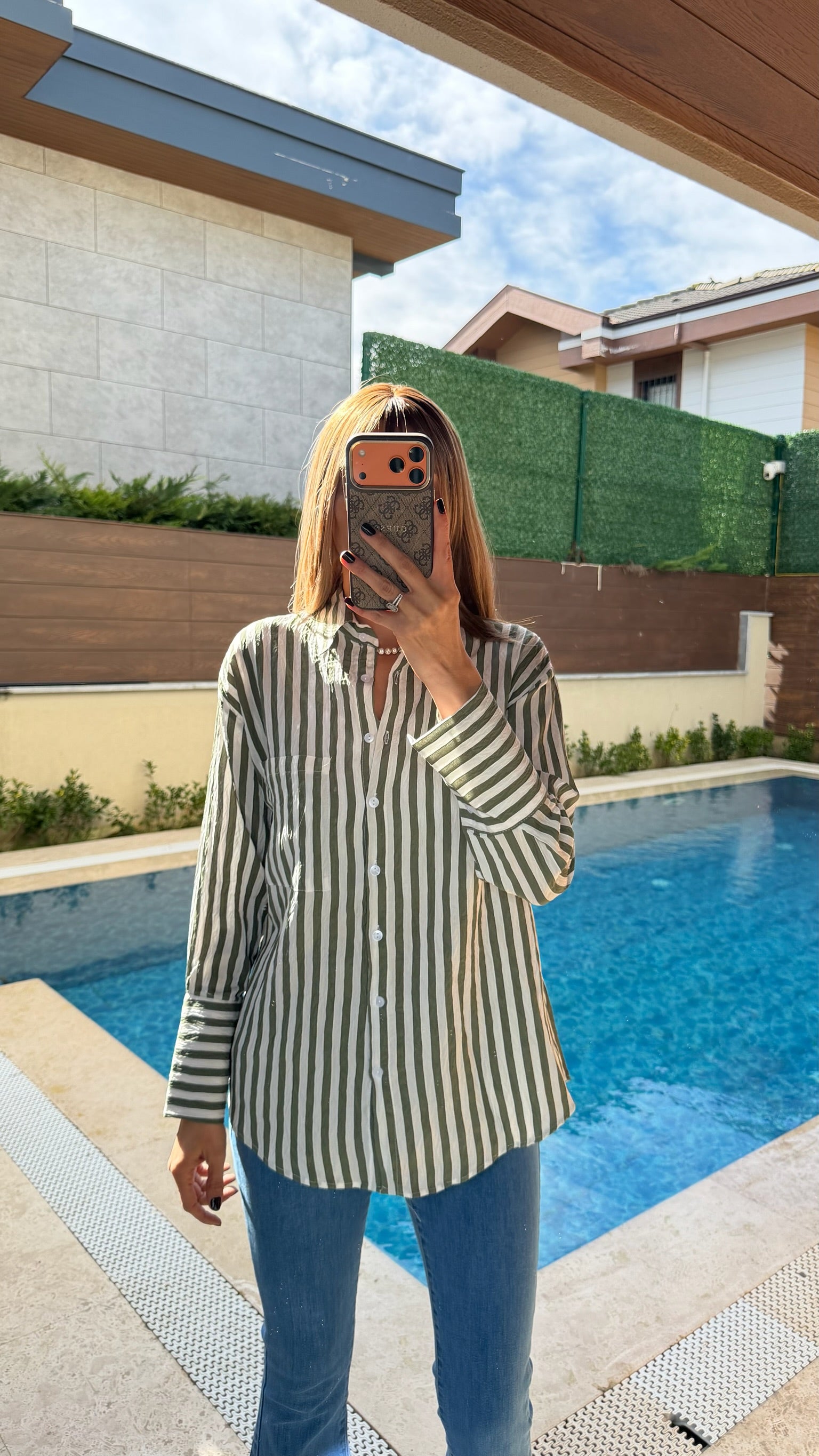 Kalın Çizgili Uzun Kol Gömlek Yeşil