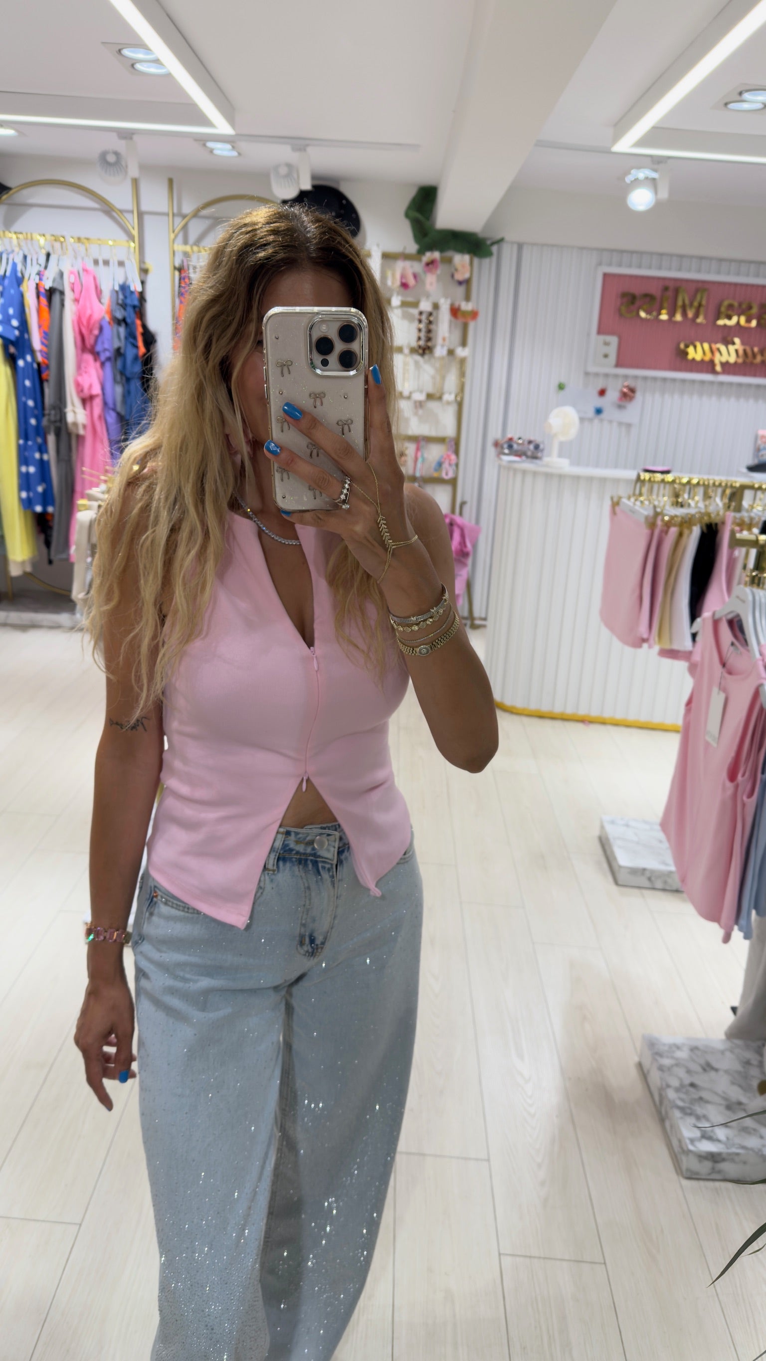 Candy Crush Polo Yaka Pembe Crop Bluz