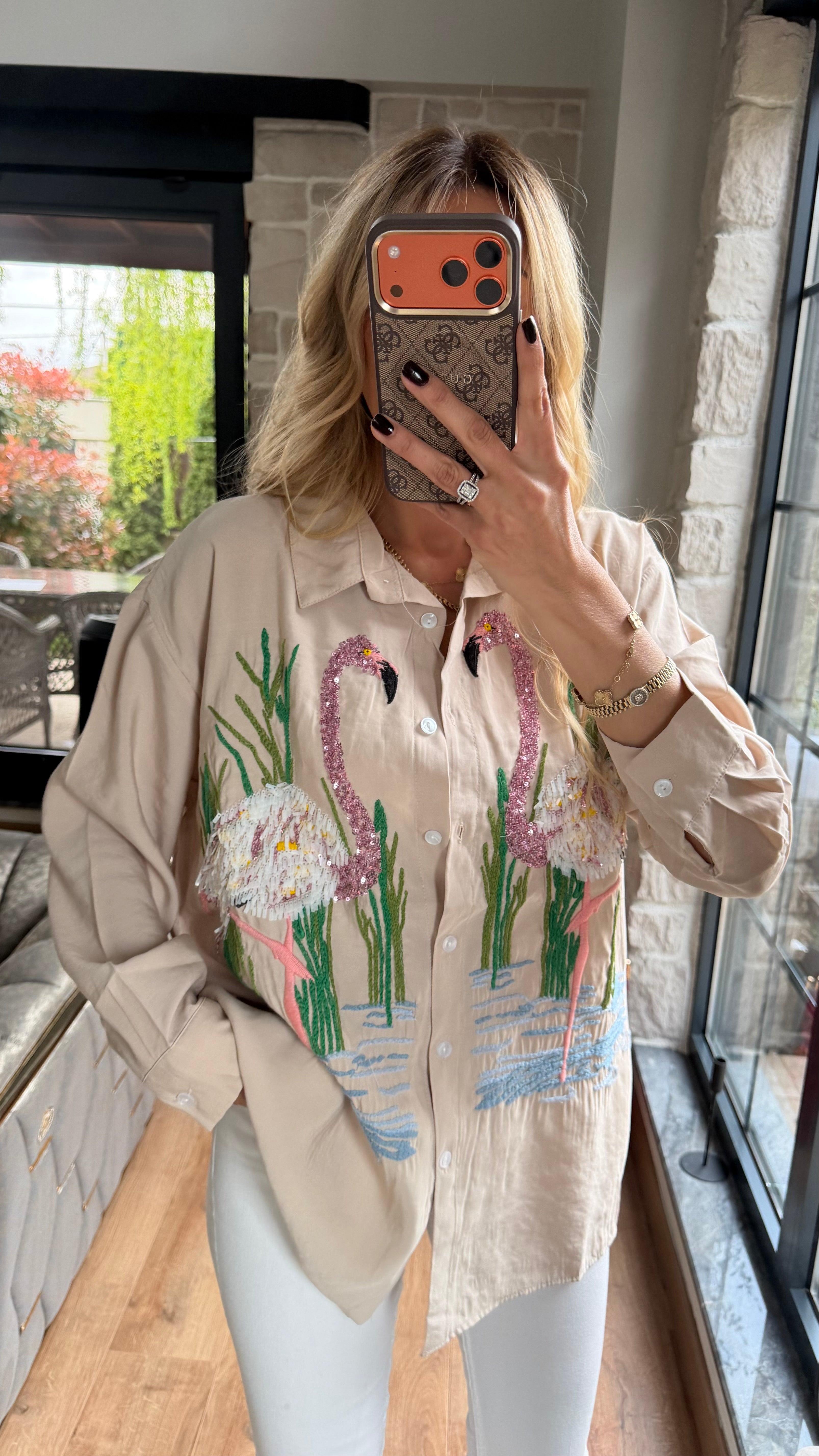 Flamingo Nakış Detaylı Tasarım Gömlek