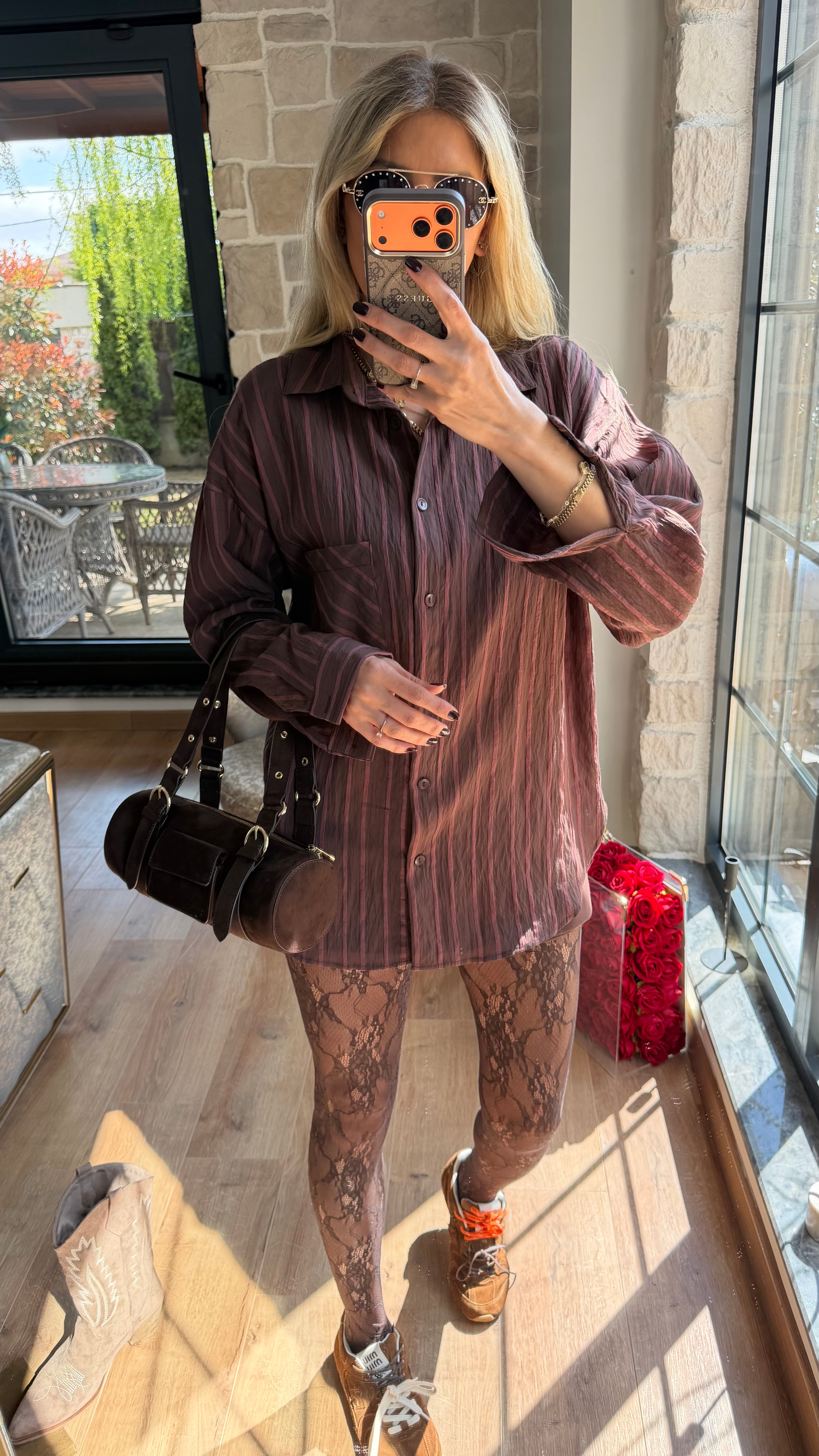 Çizgili Viscon Gömlek Acı Kahve