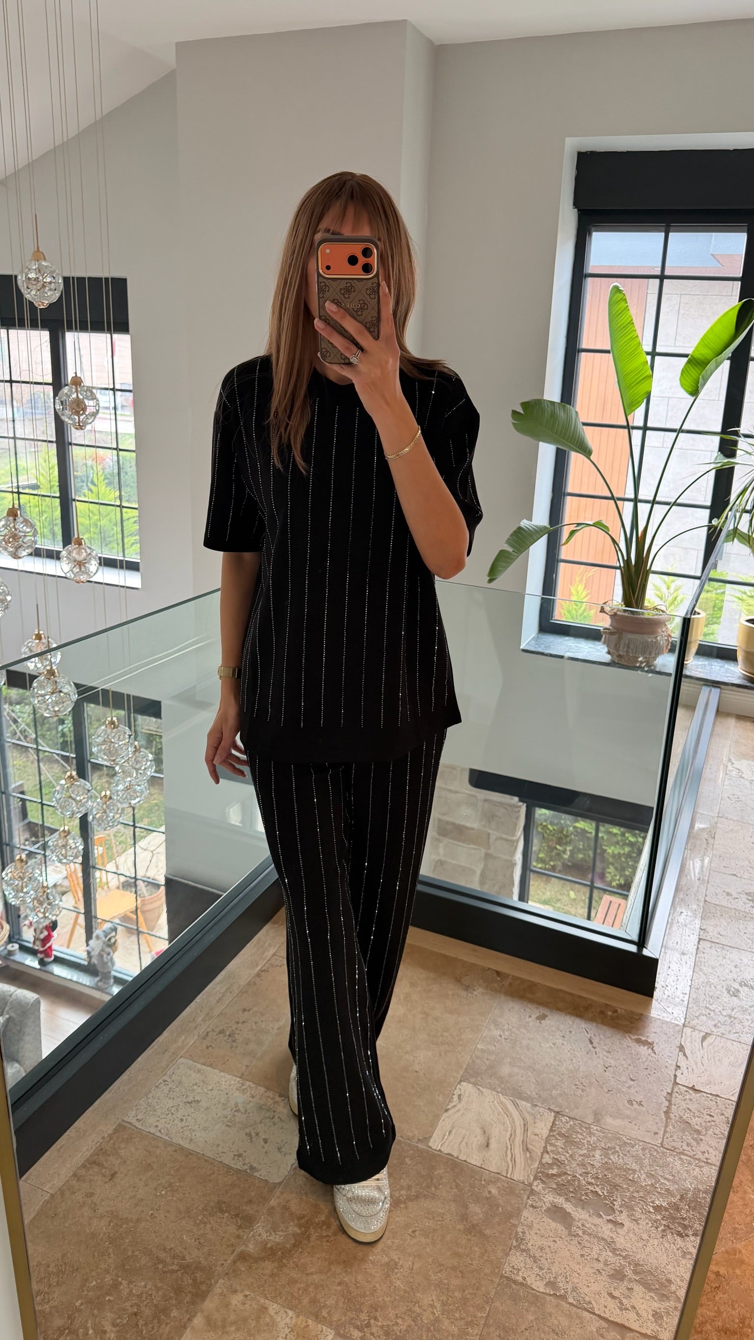 Şerit Taş Detaylı İkili Tişört Takım Siyah