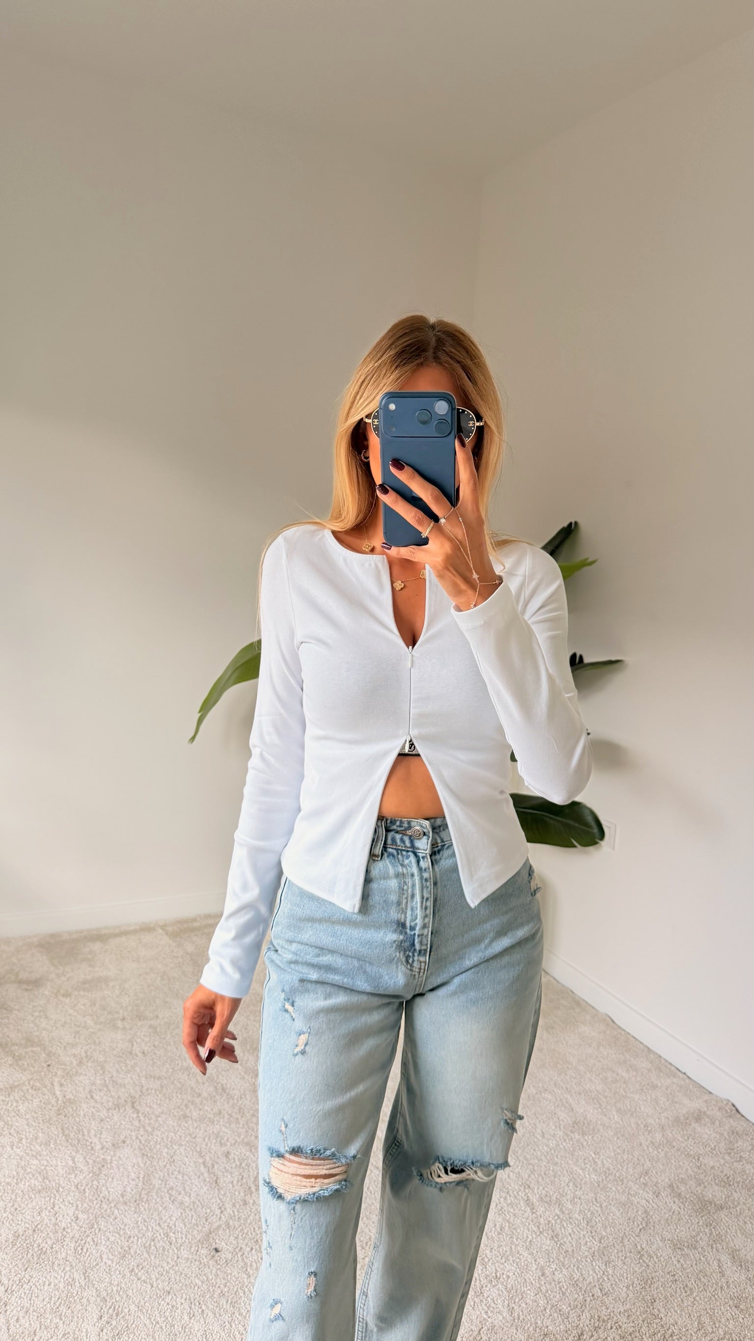 DİLVİN Fermuar Detaylı Bluz Beyaz
