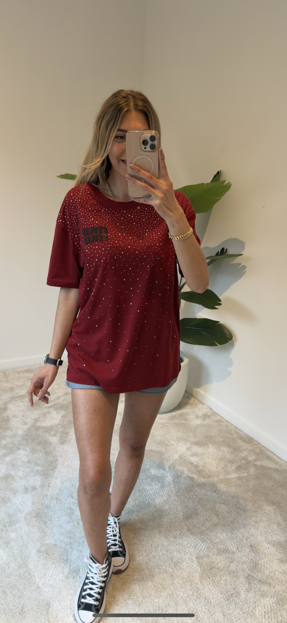Miu Miu Taşlı Tişört Bordo