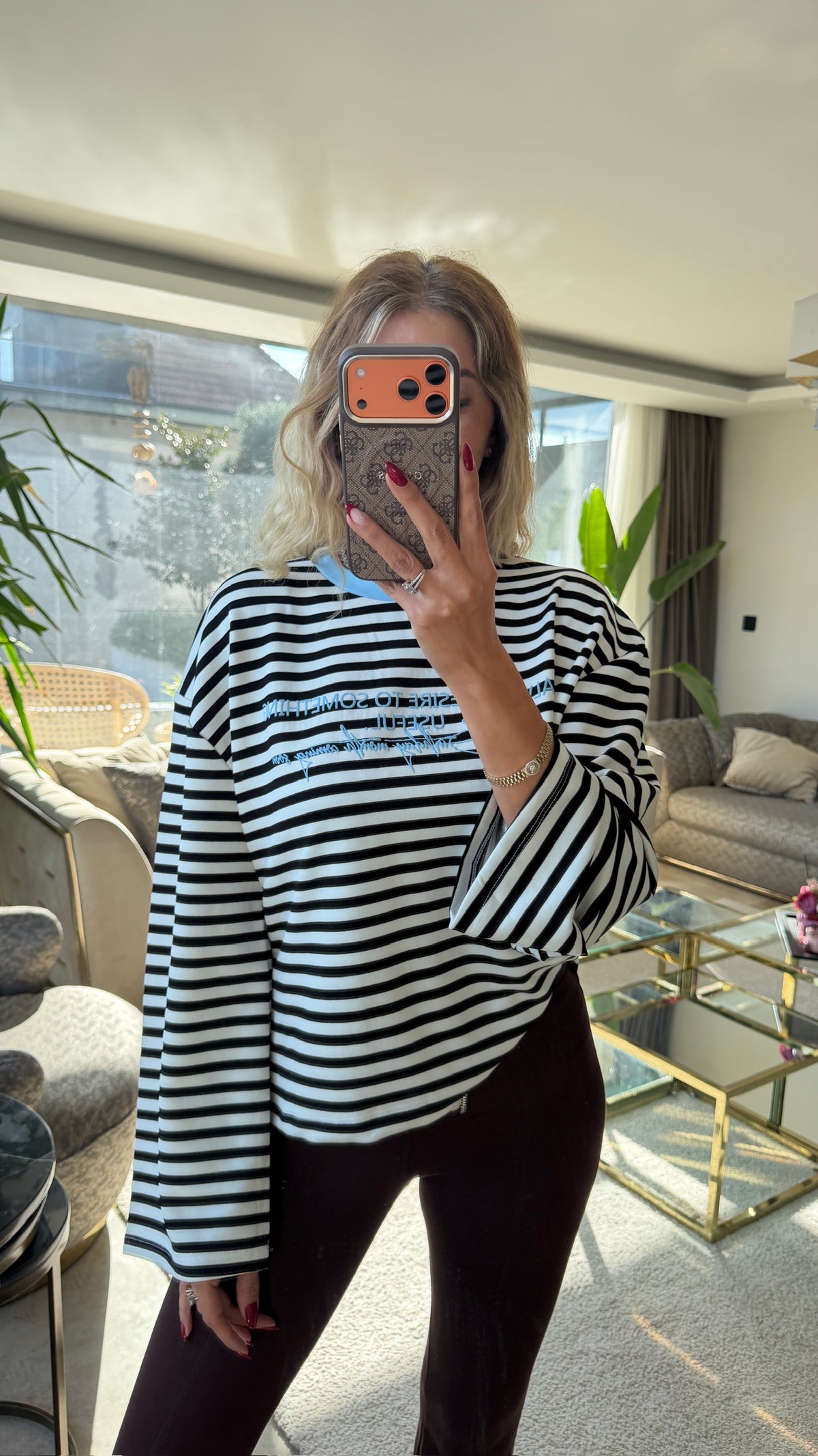 Mimoza Çizgili Yazı Detaylı Mavi Sweat