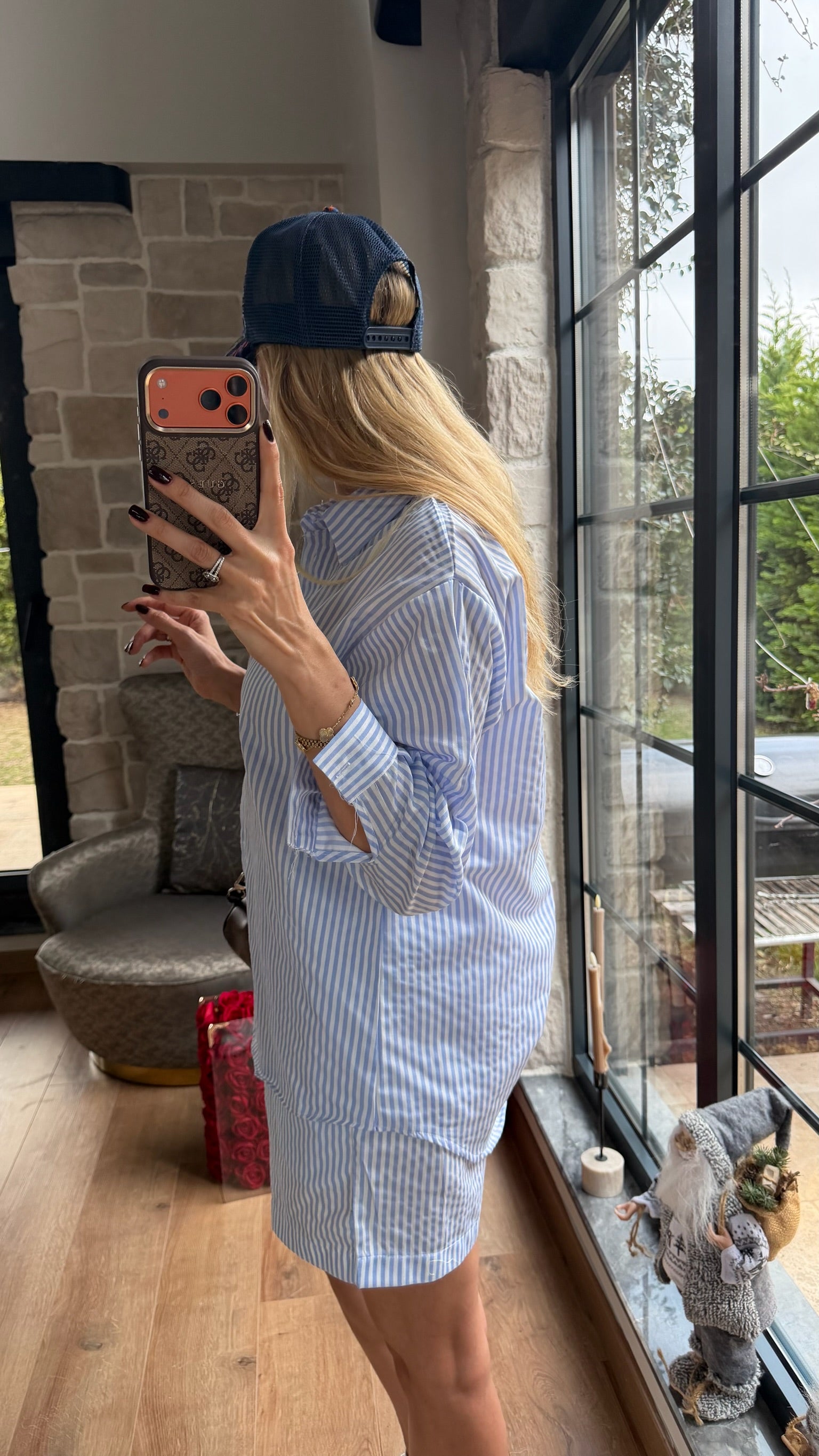 Çizgili Gömlek Şort Takım Mavi