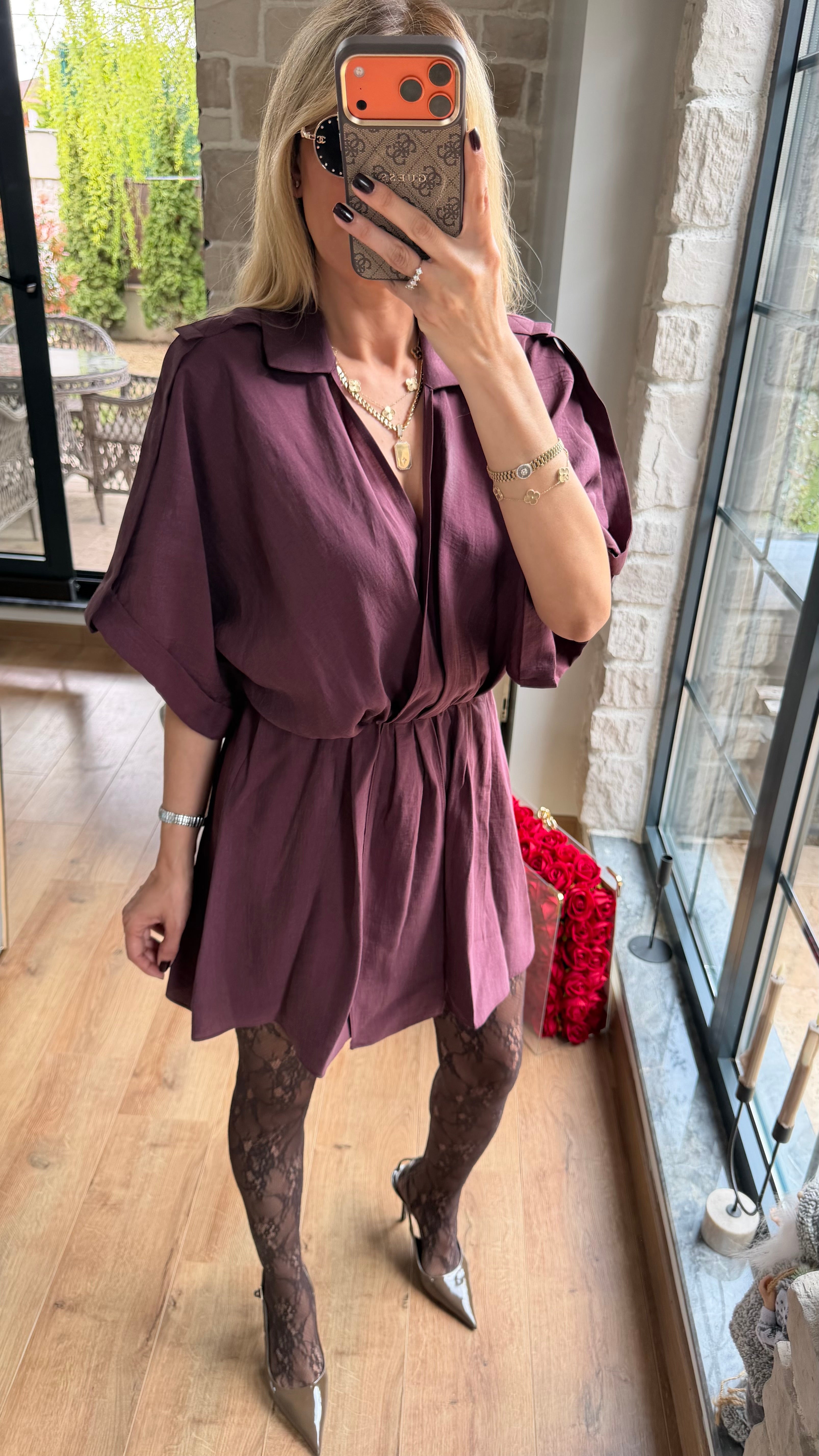 Modal V Yaka Belden Büzgülü Salaş Kesim Mini Elbise Mürdüm