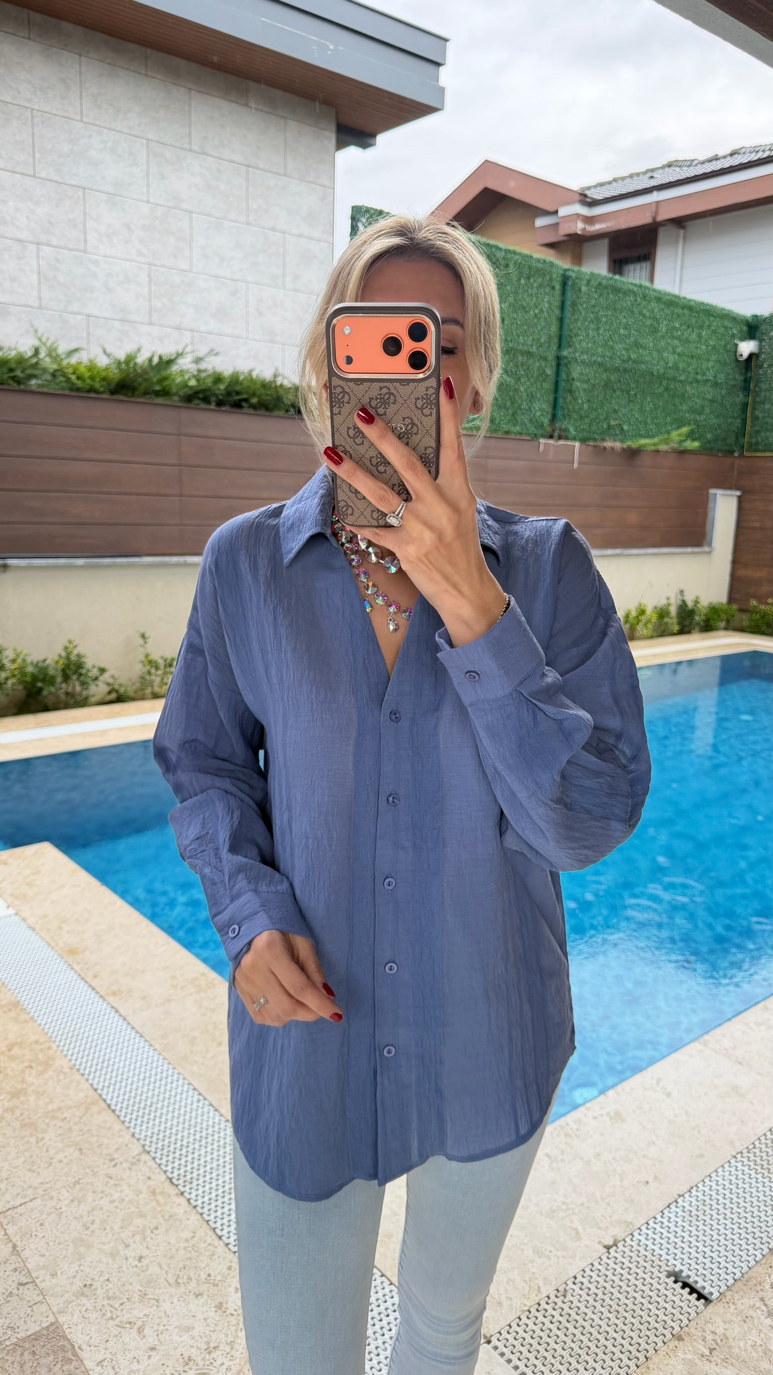 Kendinden Desenli Transparan Gömlek Mavi