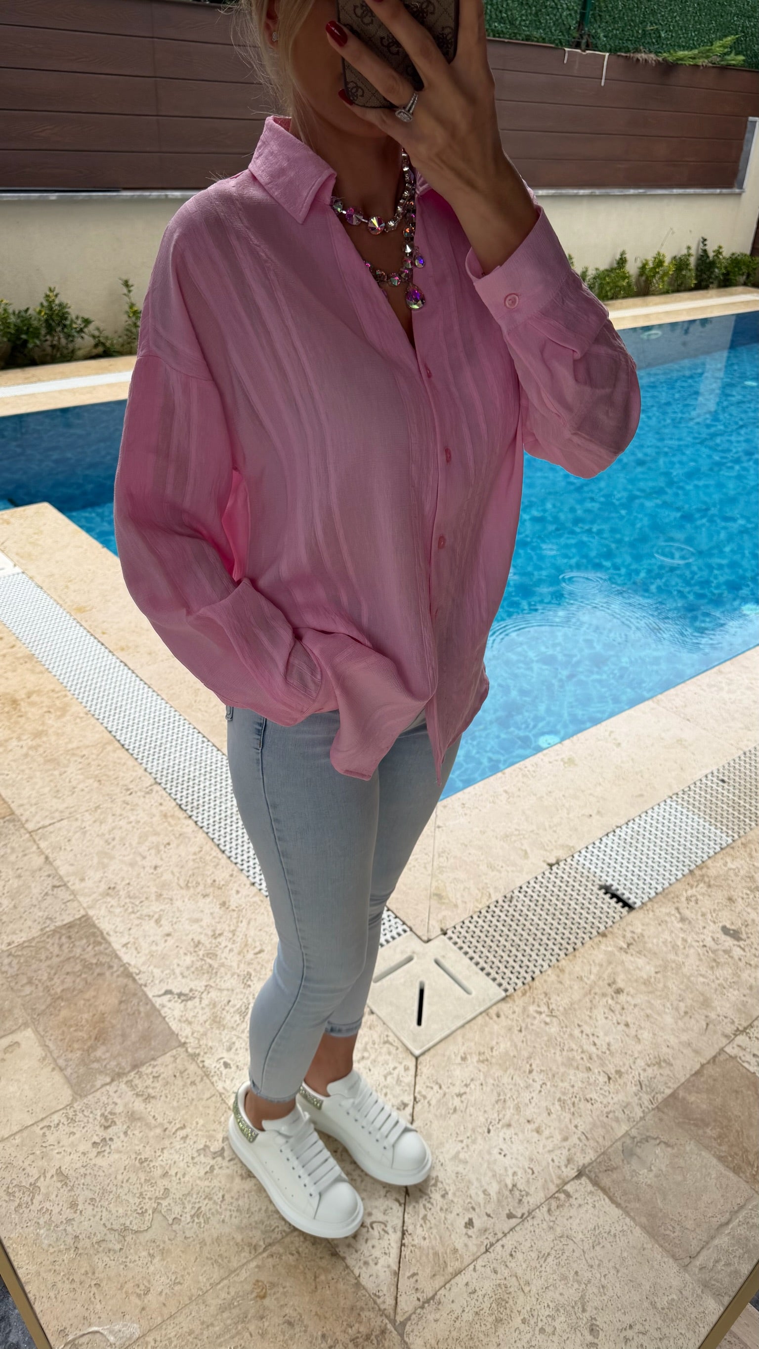 Kendinden Desenli Transparan Gömlek Toz Pembe