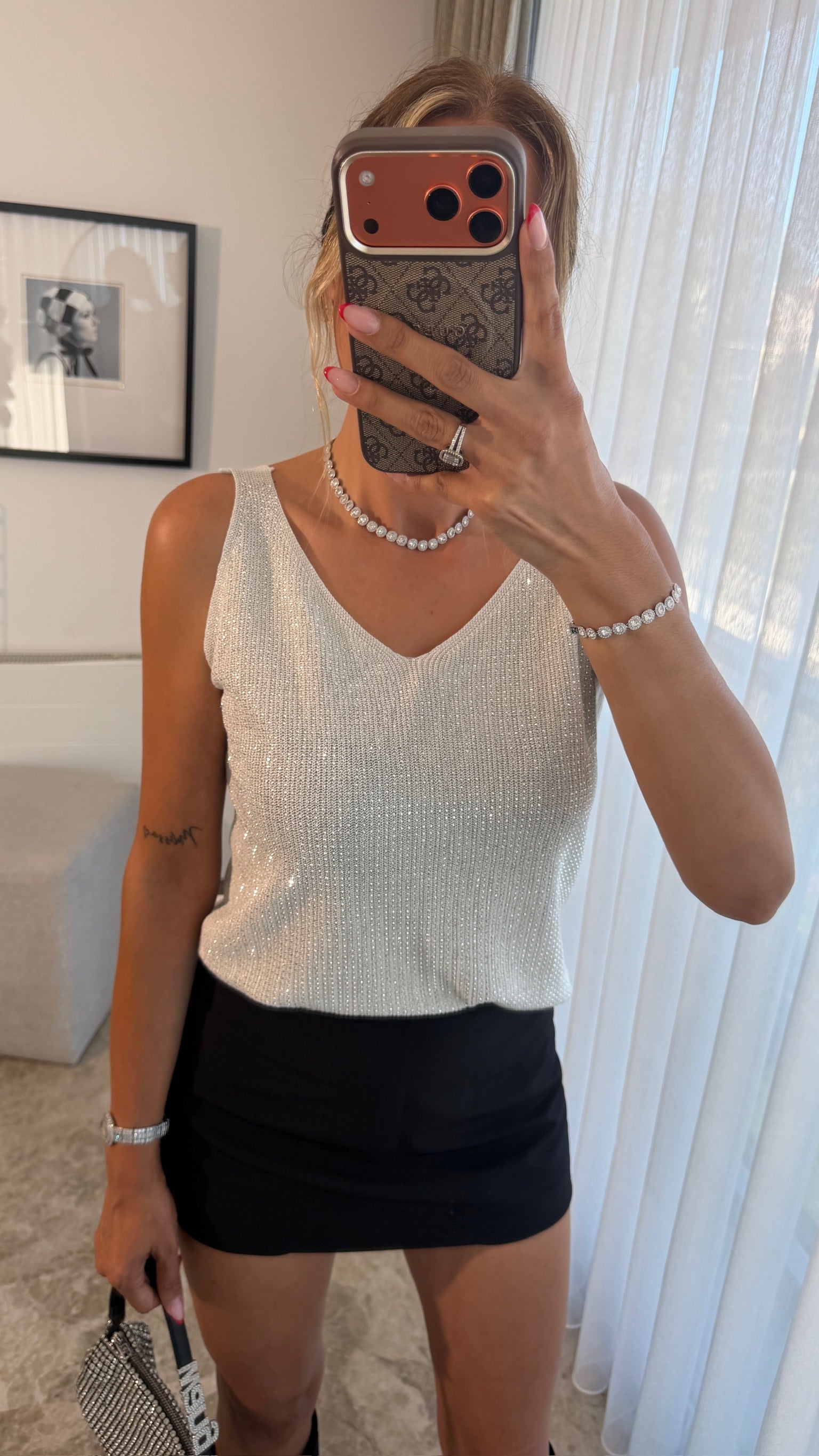 Crystal Taşlı Bluz Beyaz