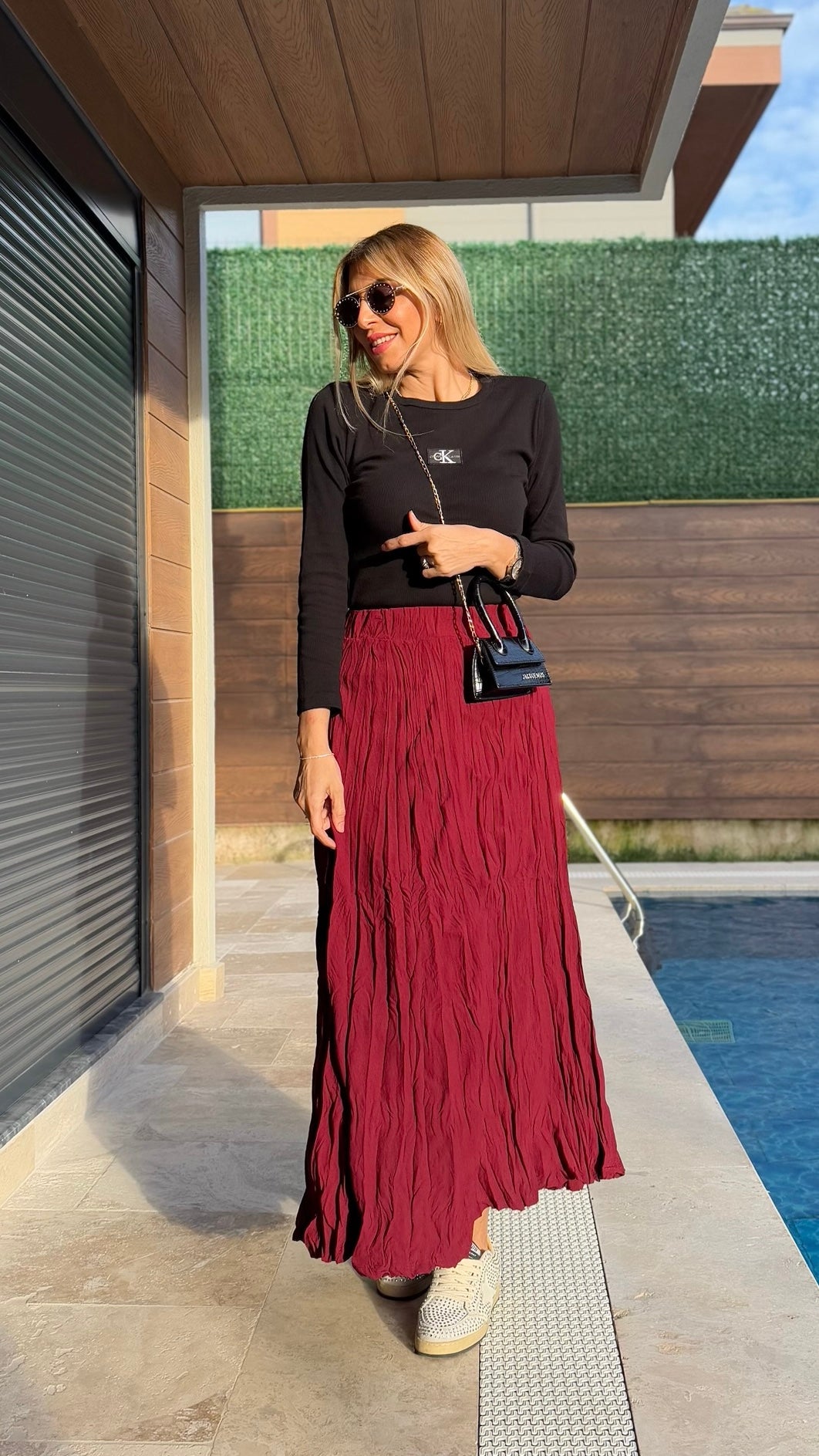 Crush Kırışık Etek Bordo