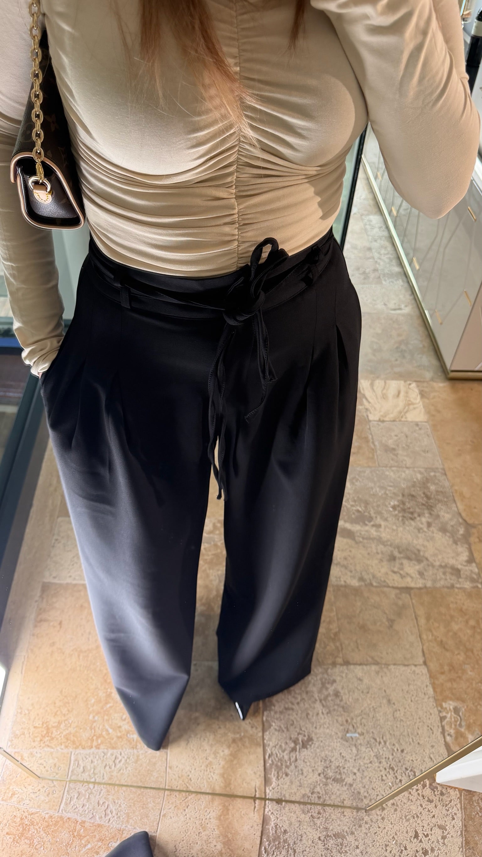 Çift Bağcıklı Kemerli Palazzo Pantolon Siyah