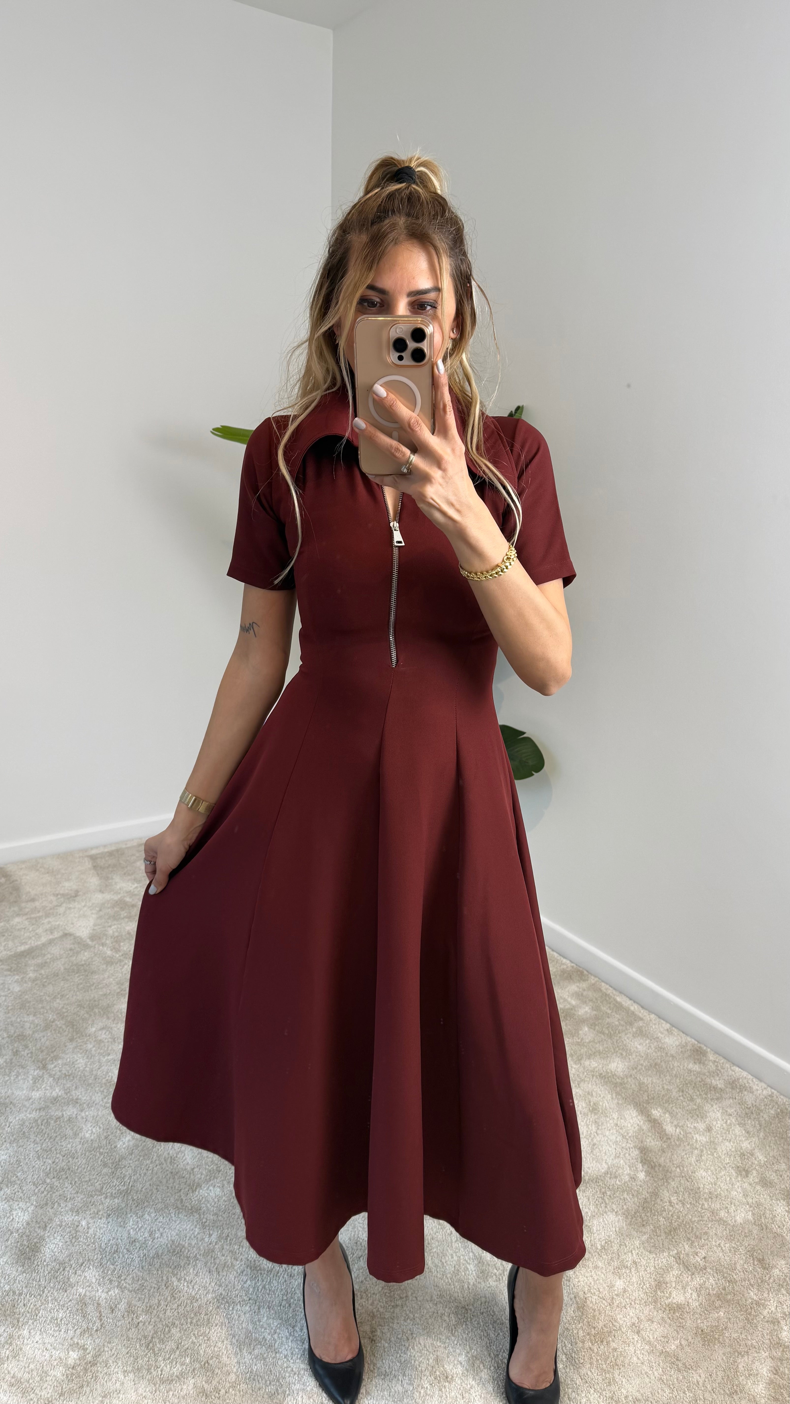 Kier Bordo Fermuarlı Elbise