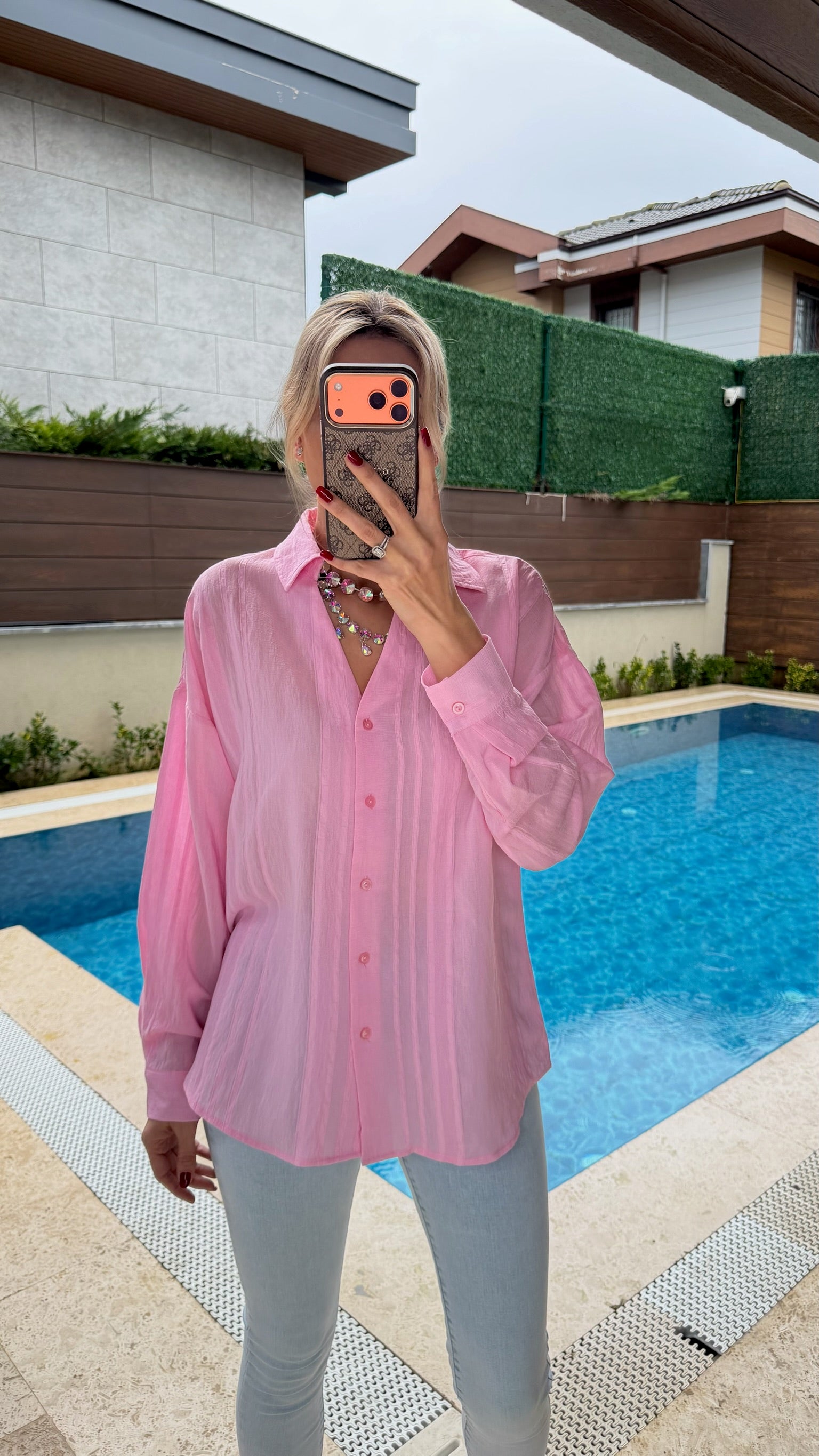 Kendinden Desenli Transparan Gömlek Toz Pembe