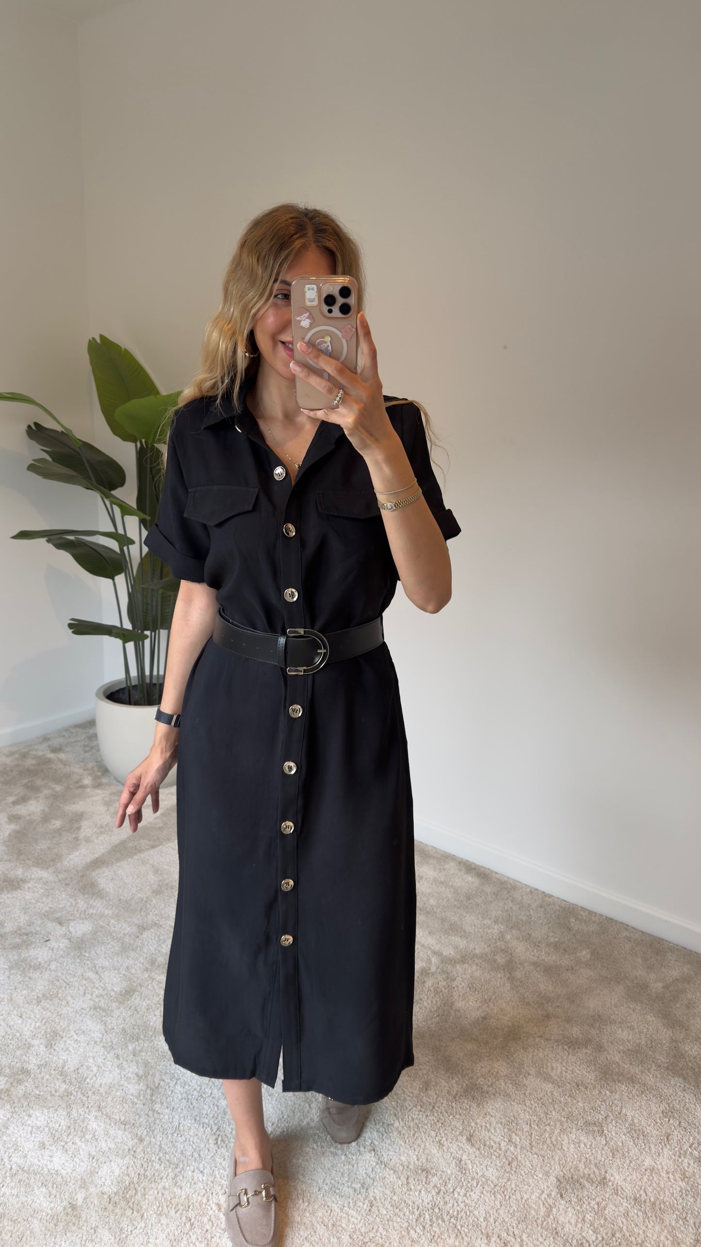 Tencel Kemerli Elbise Siyah