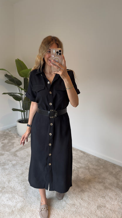 Tencel Kemerli Elbise Siyah