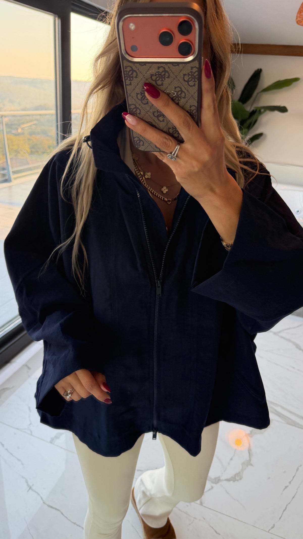Oversize Kapüşonlu Fermuarlı Sweatshirt Ceket Lacivert