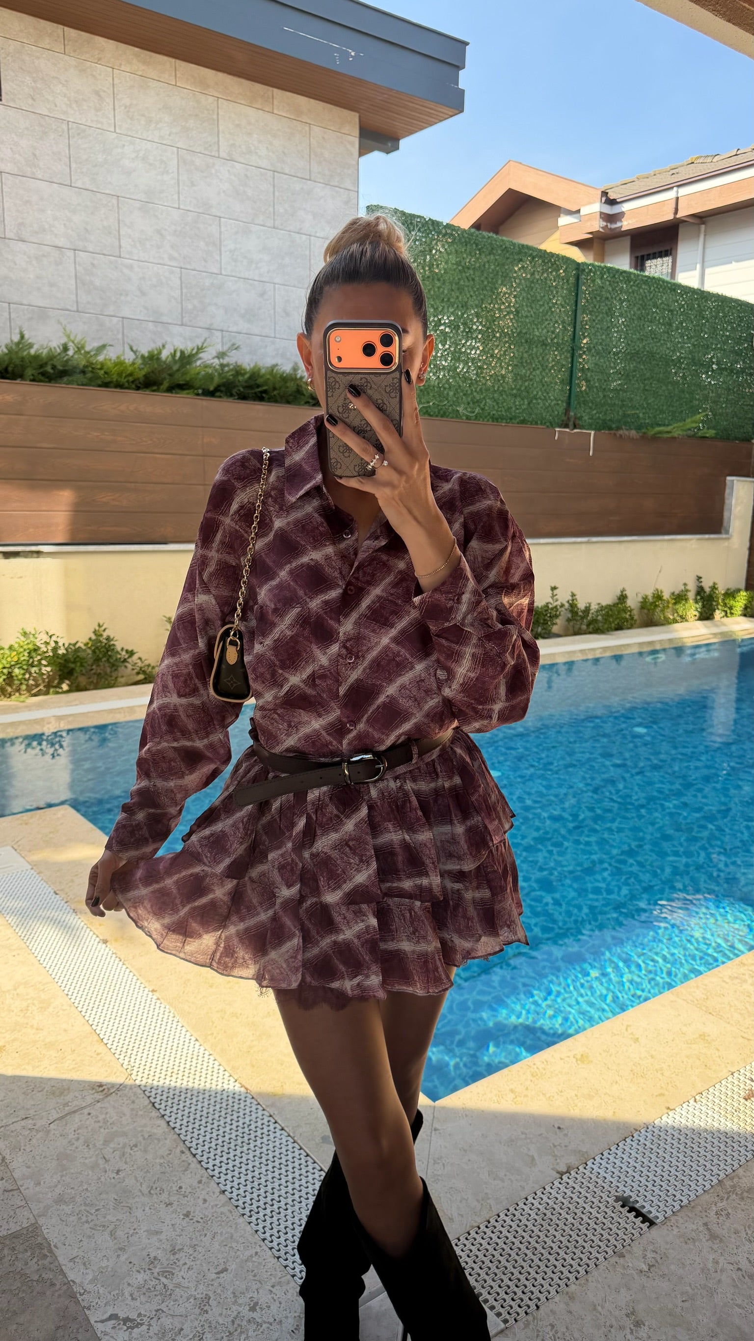 Ekose Desenli Kemerli Gömlek Etek Takım Bordo