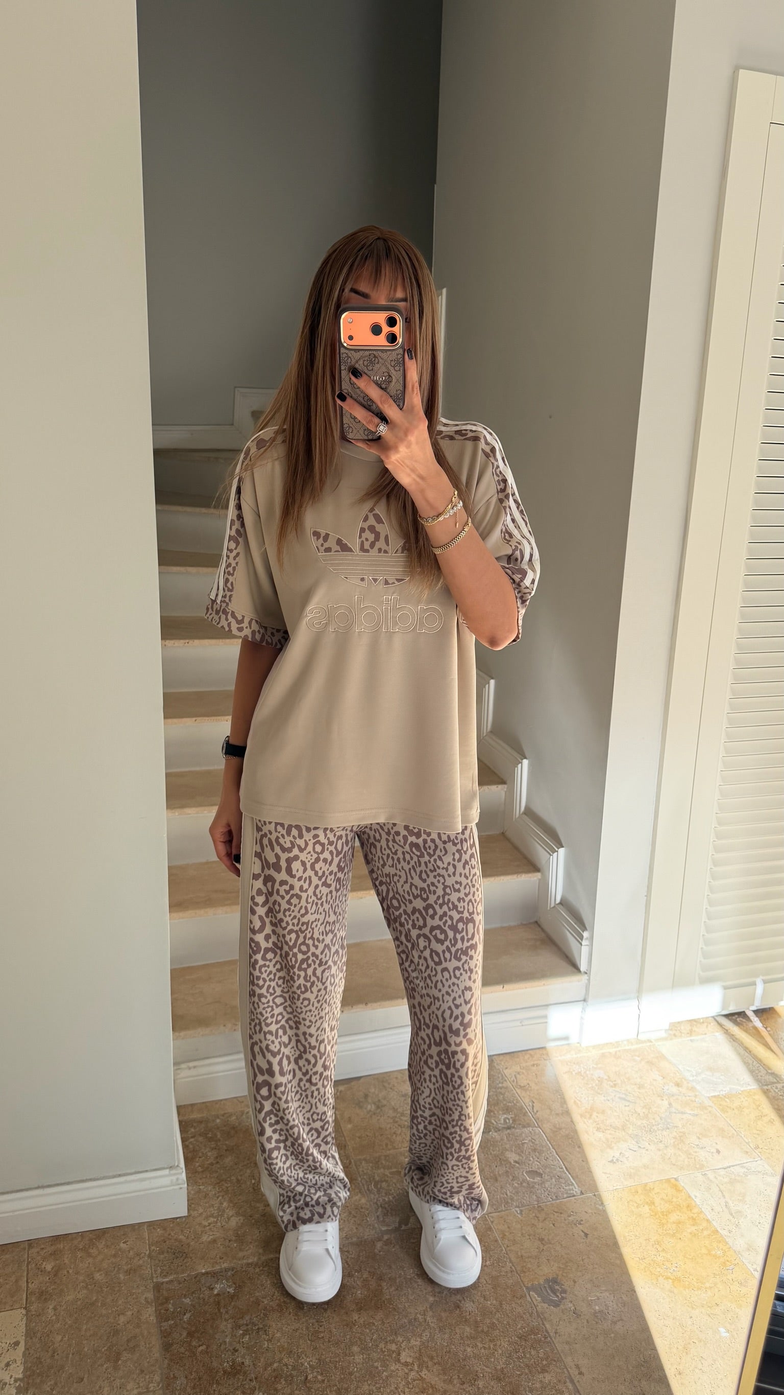 ADS Yan Çizgili Salaş Leopar Tişört Takım Bej