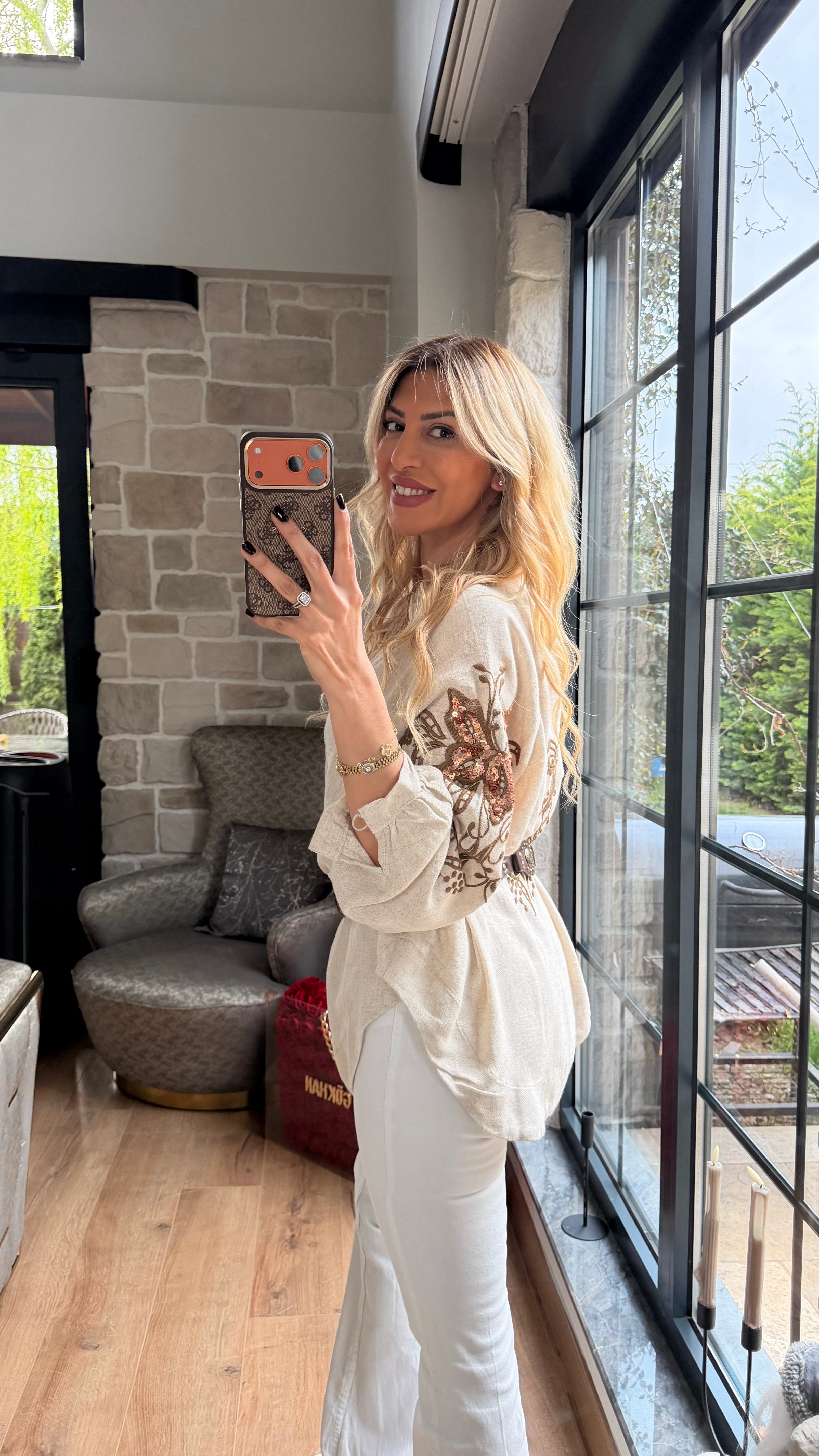 Nakış Detaylı İthal Tasarım Kimona Bej