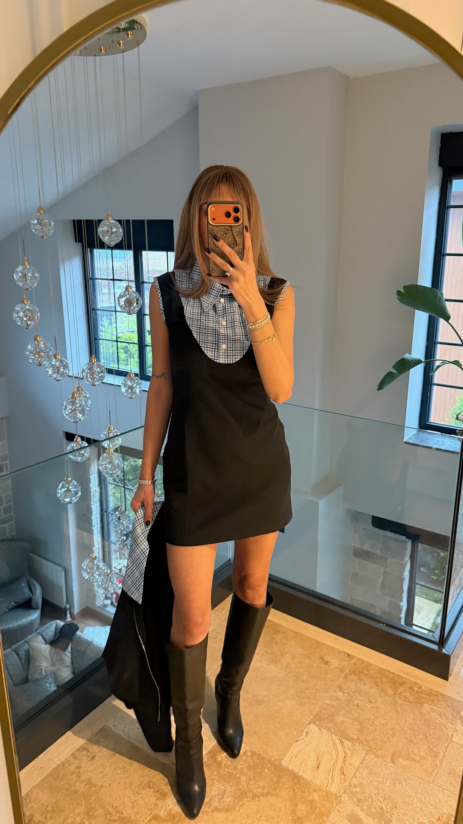 Ekose Yakalık Elbise Ceket Takımı Siyah